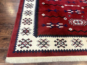 Belgium Power Loomed Rug 8x11, Navajo Native American Design, Dark Red and Ivory, Tribal Rug, Bohemian Carpet