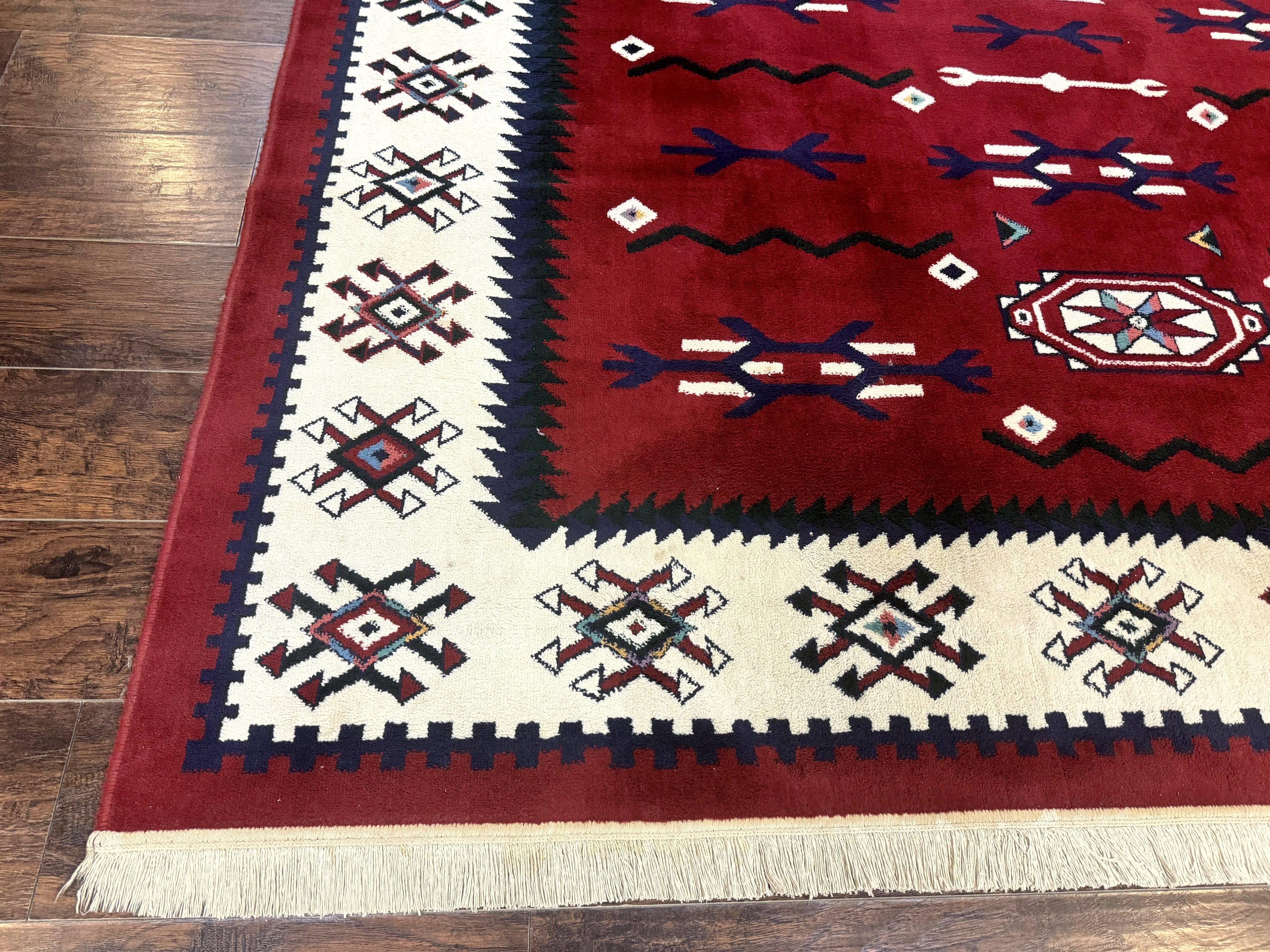 Belgium Power Loomed Rug 8x11, Navajo Native American Design, Dark Red and Ivory, Tribal Rug, Bohemian Carpet