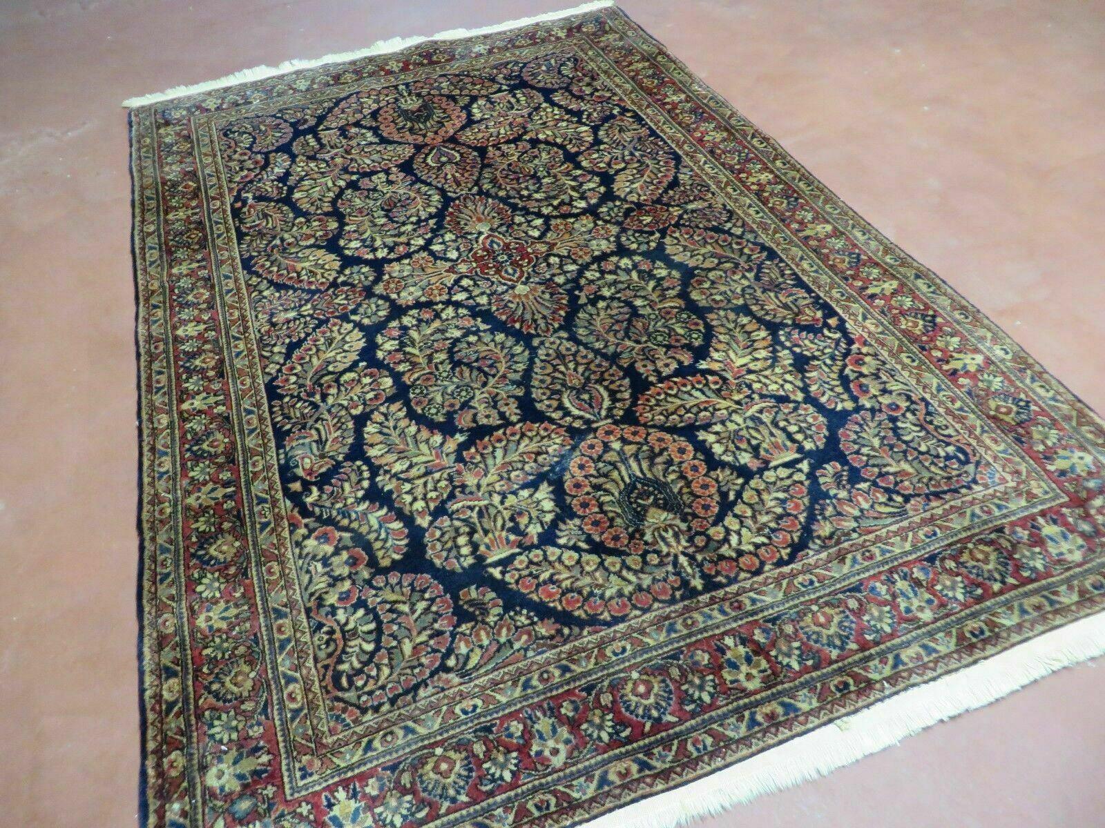 Antique Persian Sarouk Rug 4x6, Hand Knotted 1920s Oriental Carpet 4 x 6 ft, Navy Blue and Red Wool Rug, Handmade Floral Allover Persian Area Rug
