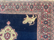 Antique Persian Mashad Rug 4x6, Semi Open Field, Navy Blue, Lion Pictorials, Triple Medallion, Dorokhsh Rug