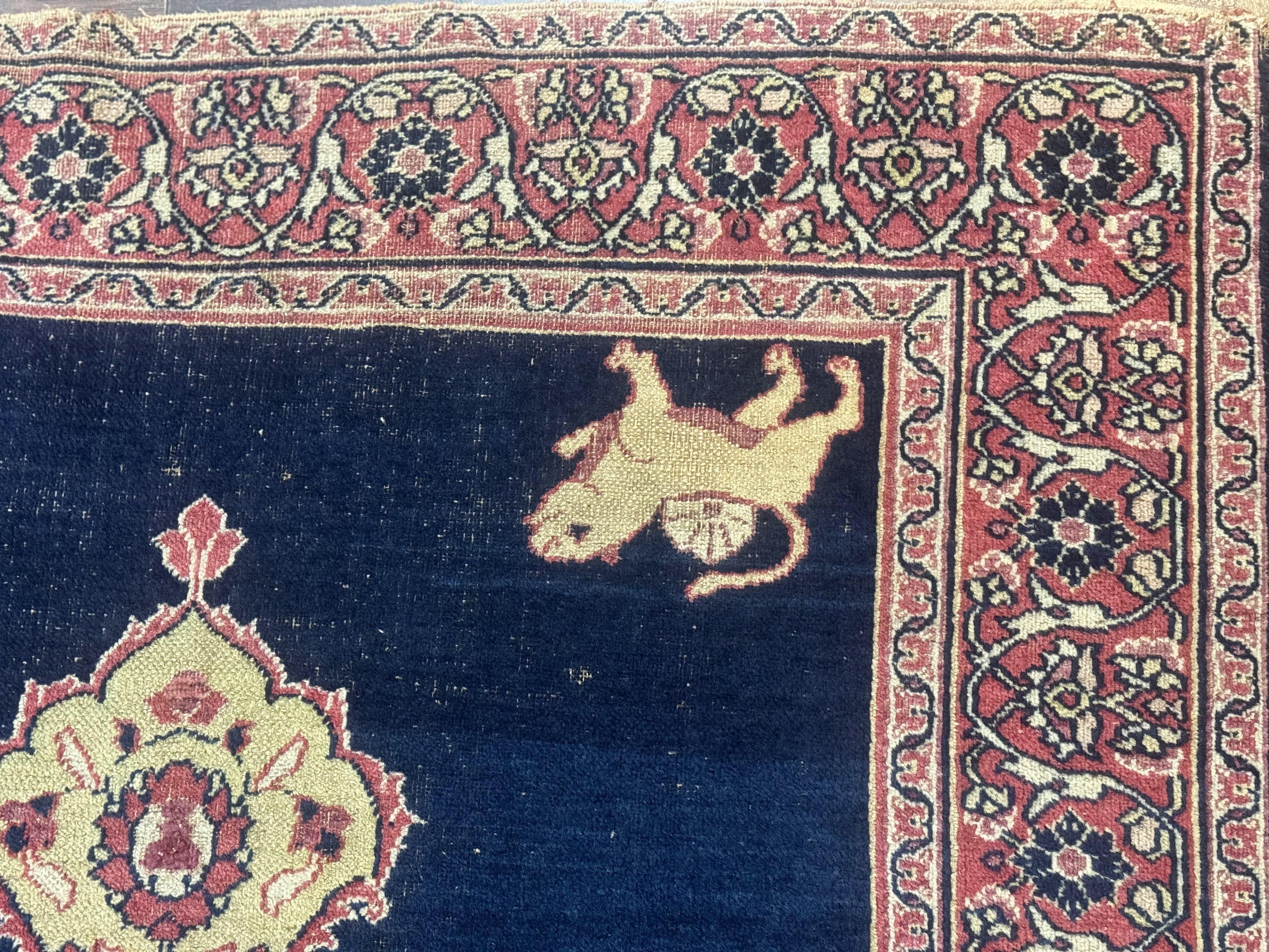 Antique Persian Mashad Rug 4x6, Semi Open Field, Navy Blue, Lion Pictorials, Triple Medallion, Dorokhsh Rug