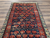 Antique Seychour Rug 4x7, Collectible Kuba Caucasian Carpet, Wool Handmade, Red Navy Blue Cream, Repeated Allover Motif, Early 20th Century