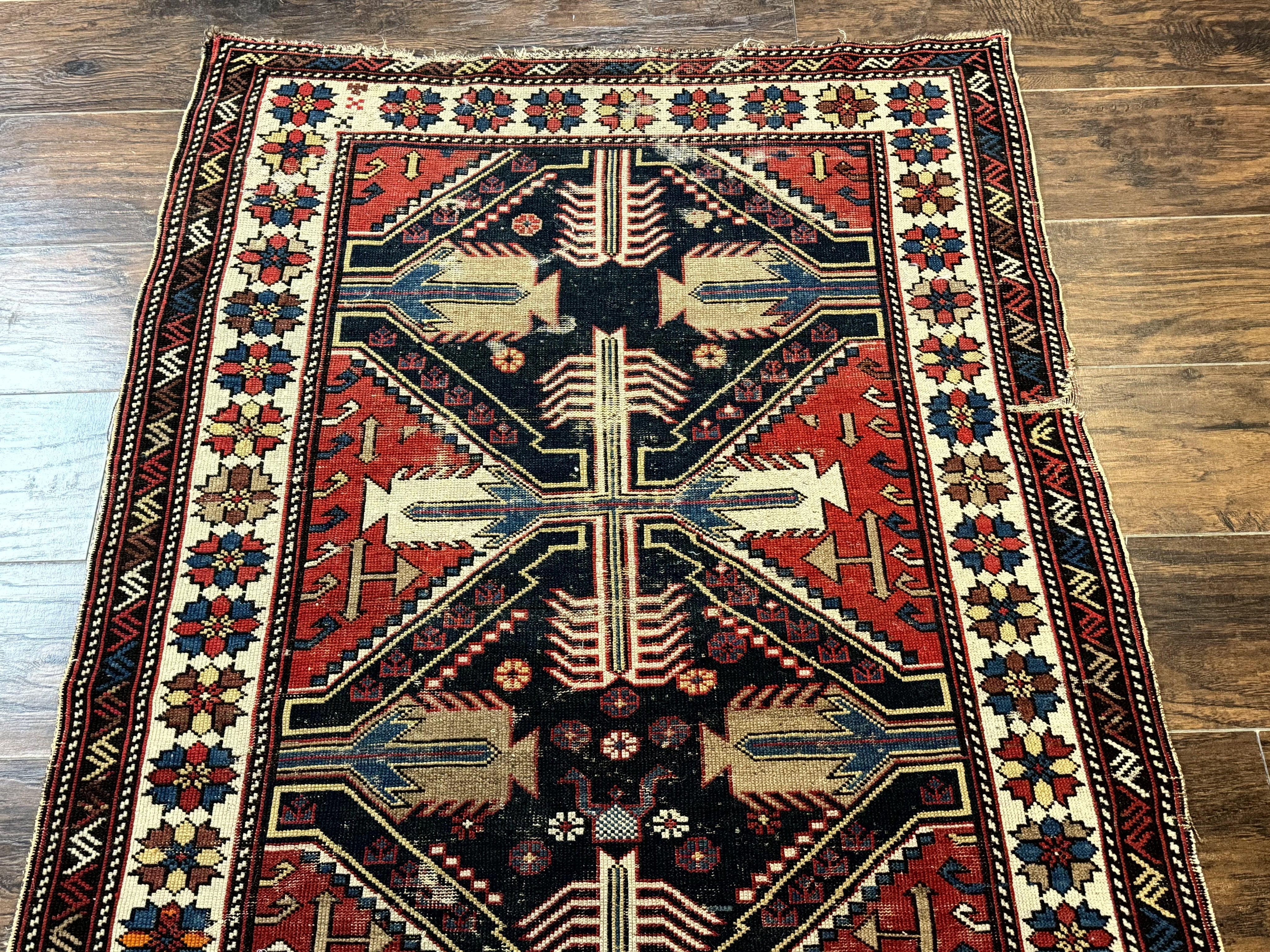 Antique Shirvan Caucasian Rug 3x5, Geometric Pattern, Red Navy Blue Beige
