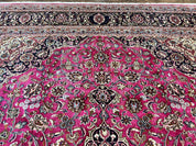 Persian Rug 10x13, Wool Hand Knotted Antique Kashmar Carpet, Raspberry Red & Navy Blue, Floral Medallion, Traditional Oriental Rug 10 x 13