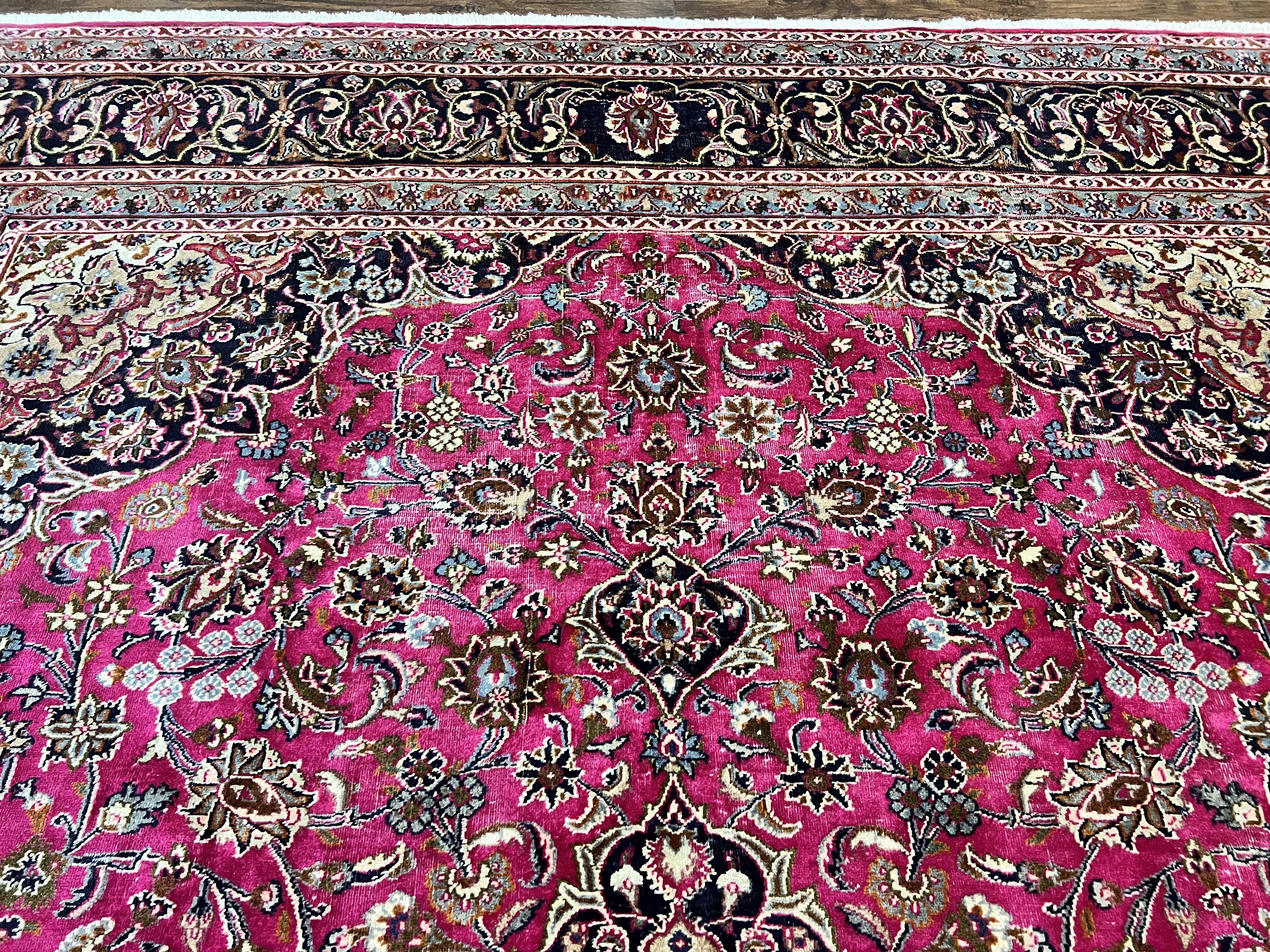 Persian Rug 10x13, Wool Hand Knotted Antique Kashmar Carpet, Raspberry Red & Navy Blue, Floral Medallion, Traditional Oriental Rug 10 x 13