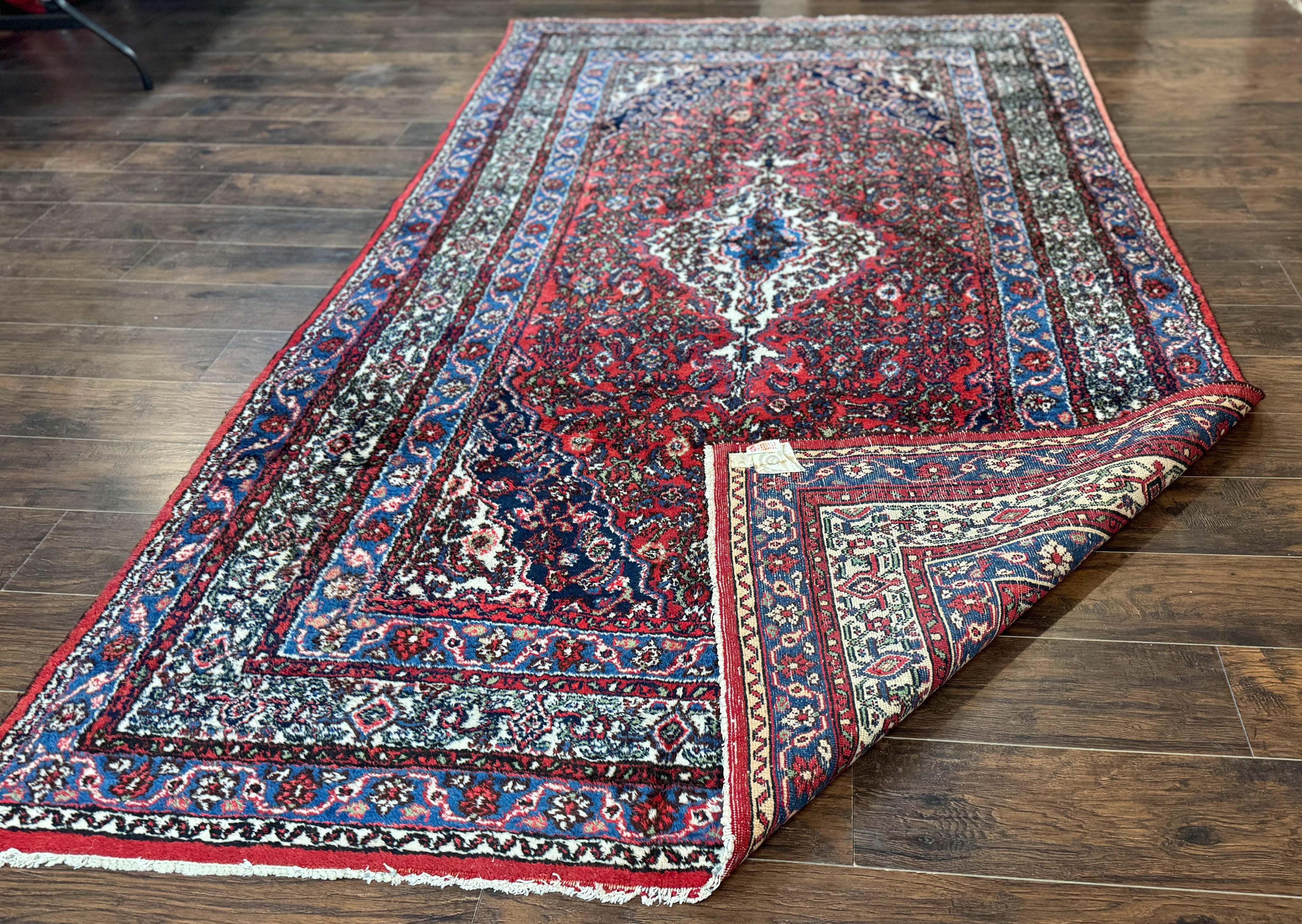 Persian Tribal Rug 6x11, Red Blue Ivory, Antique Persian Carpet, Hamadan Dargazin Carpet