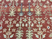 Indian Rug 10x14, Wool Hand Knotted Flatweave Carpet, Tree of Life, Red and Green