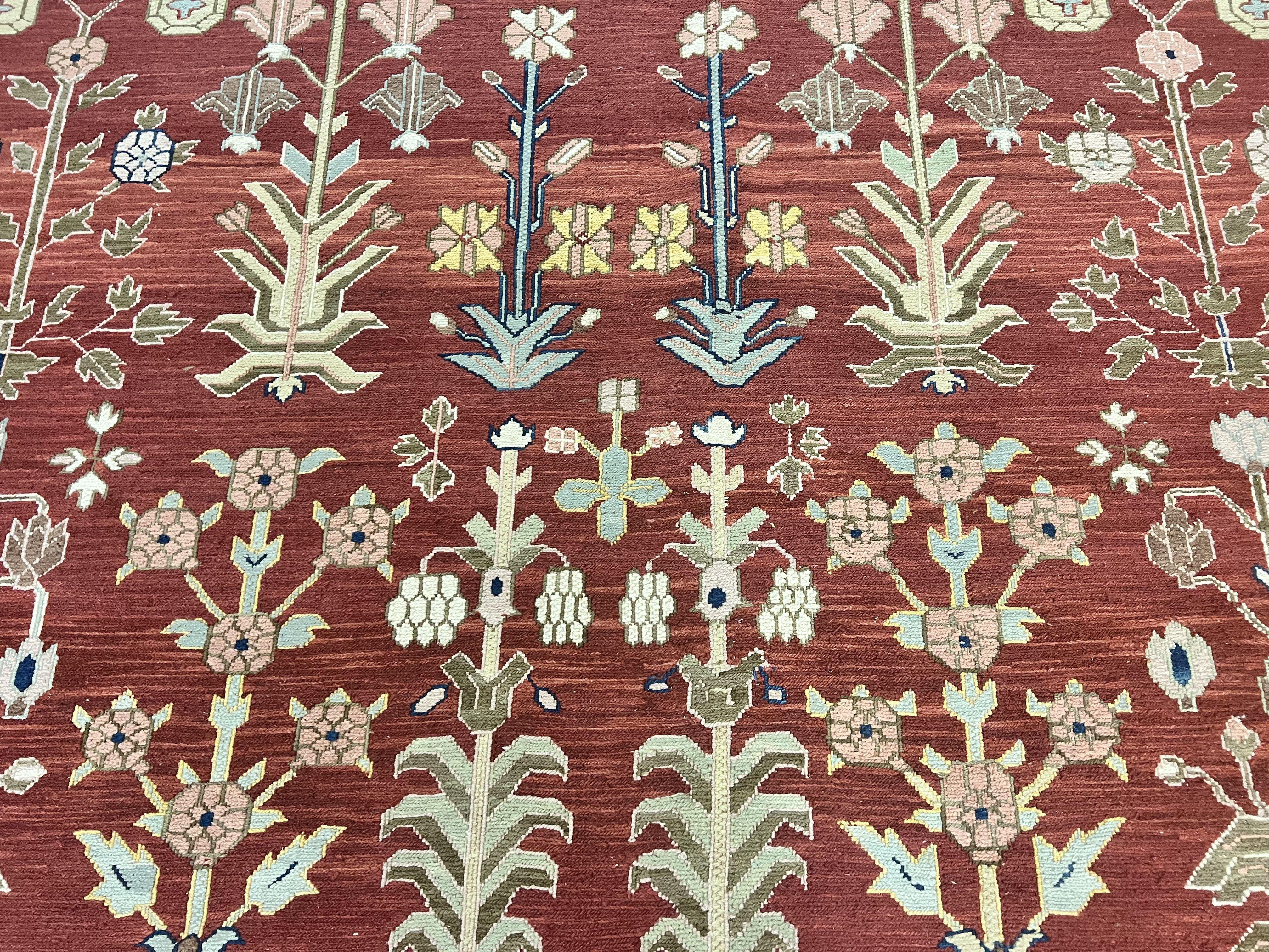 Indian Rug 10x14, Wool Hand Knotted Flatweave Carpet, Tree of Life, Red and Green