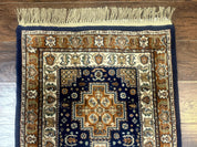 Indo Persian Runner Rug 2.6 x 12.7, Indian Kashmiri Runner for Hallway or Kitchen, Navy Blue, Geometric Medallions, Handmade Wool