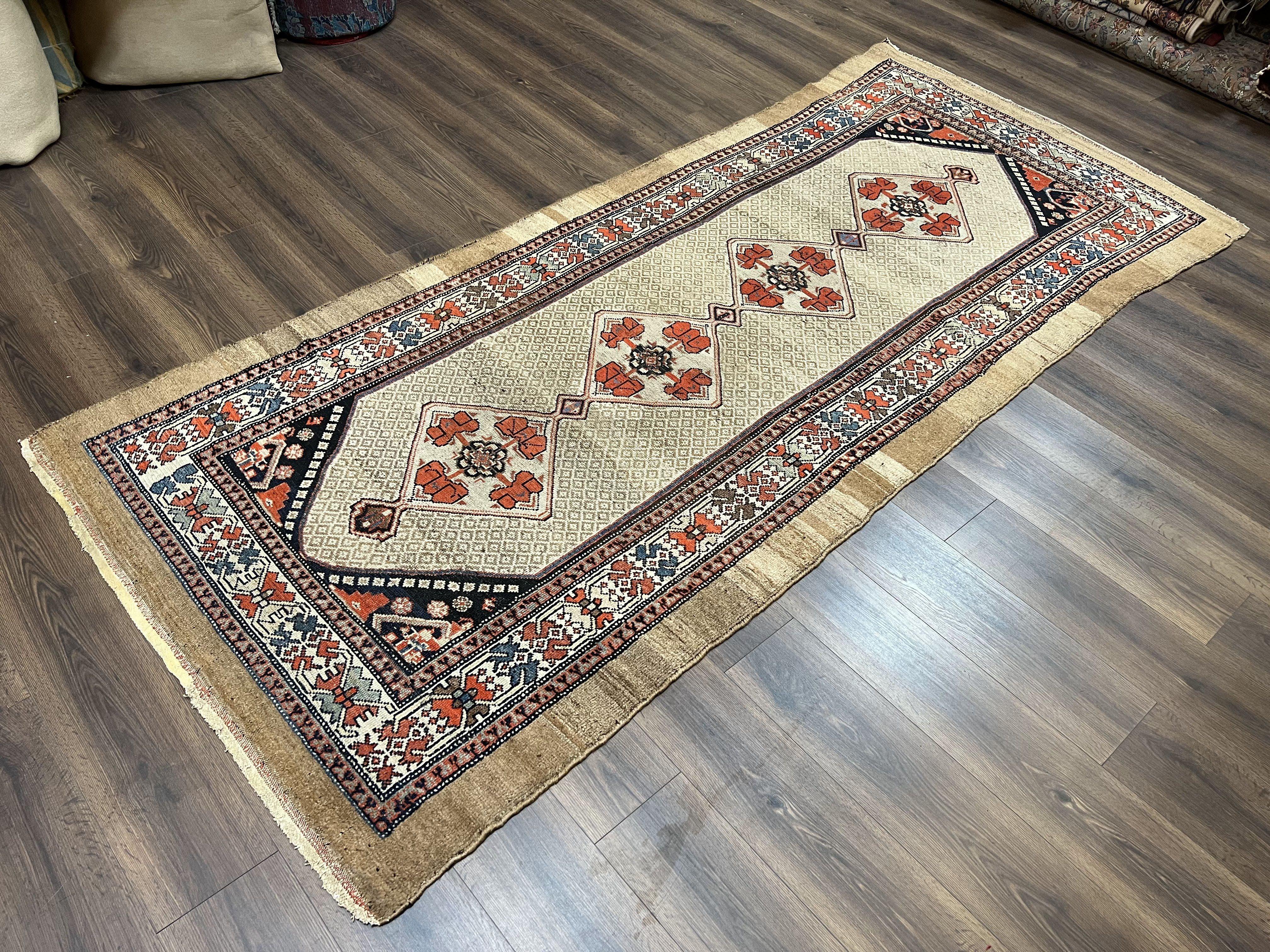 Rare Persian Sarab Tribal Runner Rug 4 x 10, Antique, Geometric Medallions, Camel Hair Runner