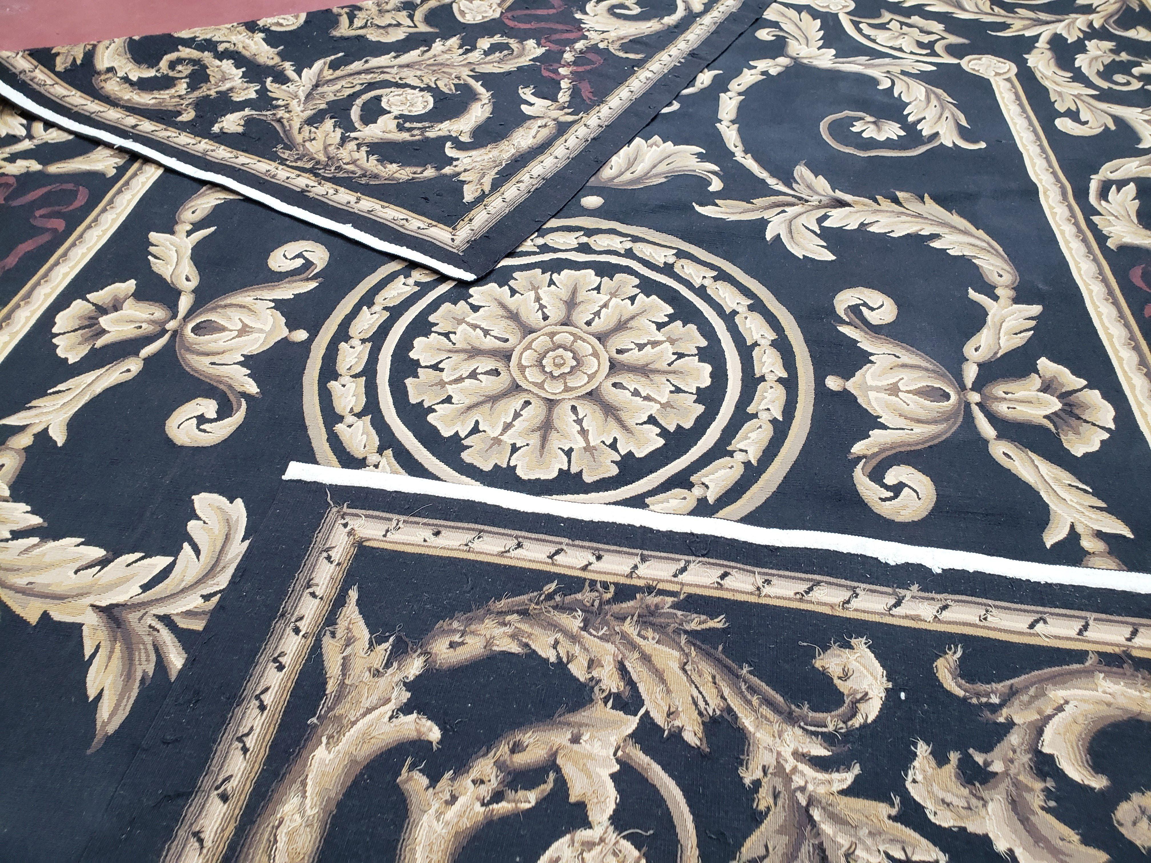 Black and Tan Aubusson Rug, 10 x 14 Aubusson Carpet, New Aubusson Rug, Elegant, Wool, Handmade Area Rug, Flatweave Rug, Large Aubusson Rug