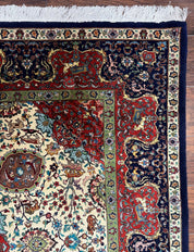 Wonderful Sino Persian Rug 6x10 with Animal Pictorial Motifs, Cream Dark Red Navy Blue, Birds Gazelles, Two Medallions, Top Quality Handmade