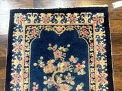 Blue and Beige Chinese Wool Rug 3x6, Chinese Fete Rug, Peking Rug, Antique Chinese Carpet