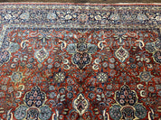 Persian Sarouk Rug 9x12, Red and Dark Blue Floral Allover Antique Persian Carpet, Handmade Wool Qazvin Rug