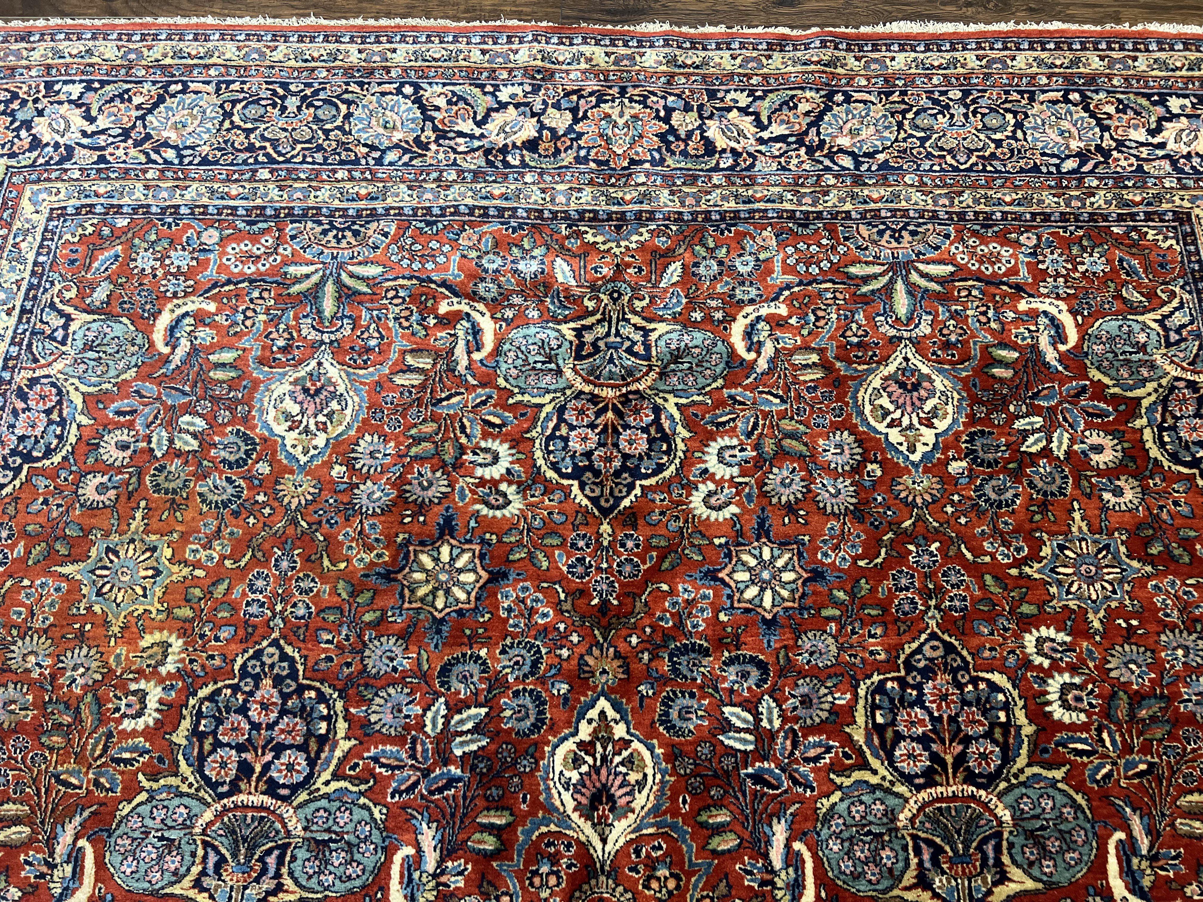 Persian Sarouk Rug 9x12, Red and Dark Blue Floral Allover Antique Persian Carpet, Handmade Wool Qazvin Rug