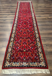 Indo Persian Sarouk Runner Rug 3 x 12, Red and Cream, Allover Pattern, 12ft Runner, Hand Knotted