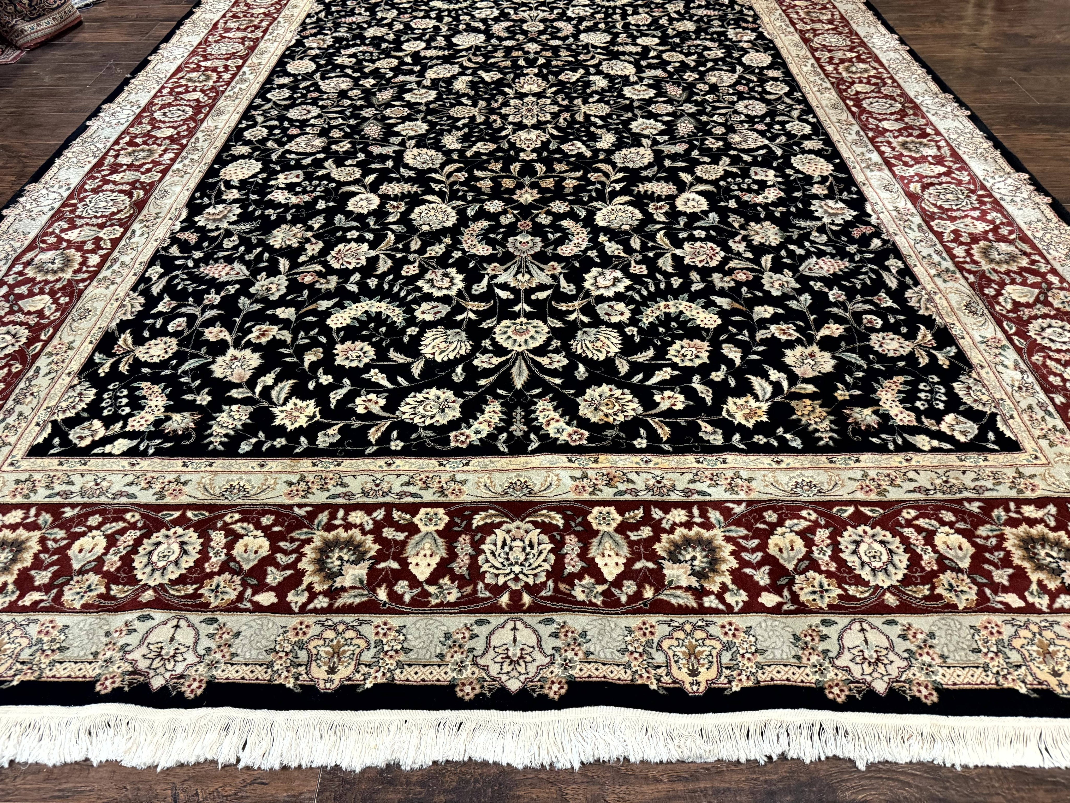 Sino Persian Rug 9x12, Fine Elegant Oriental Carpet 200 KPSI, Black and Dark Red, Allover Floral