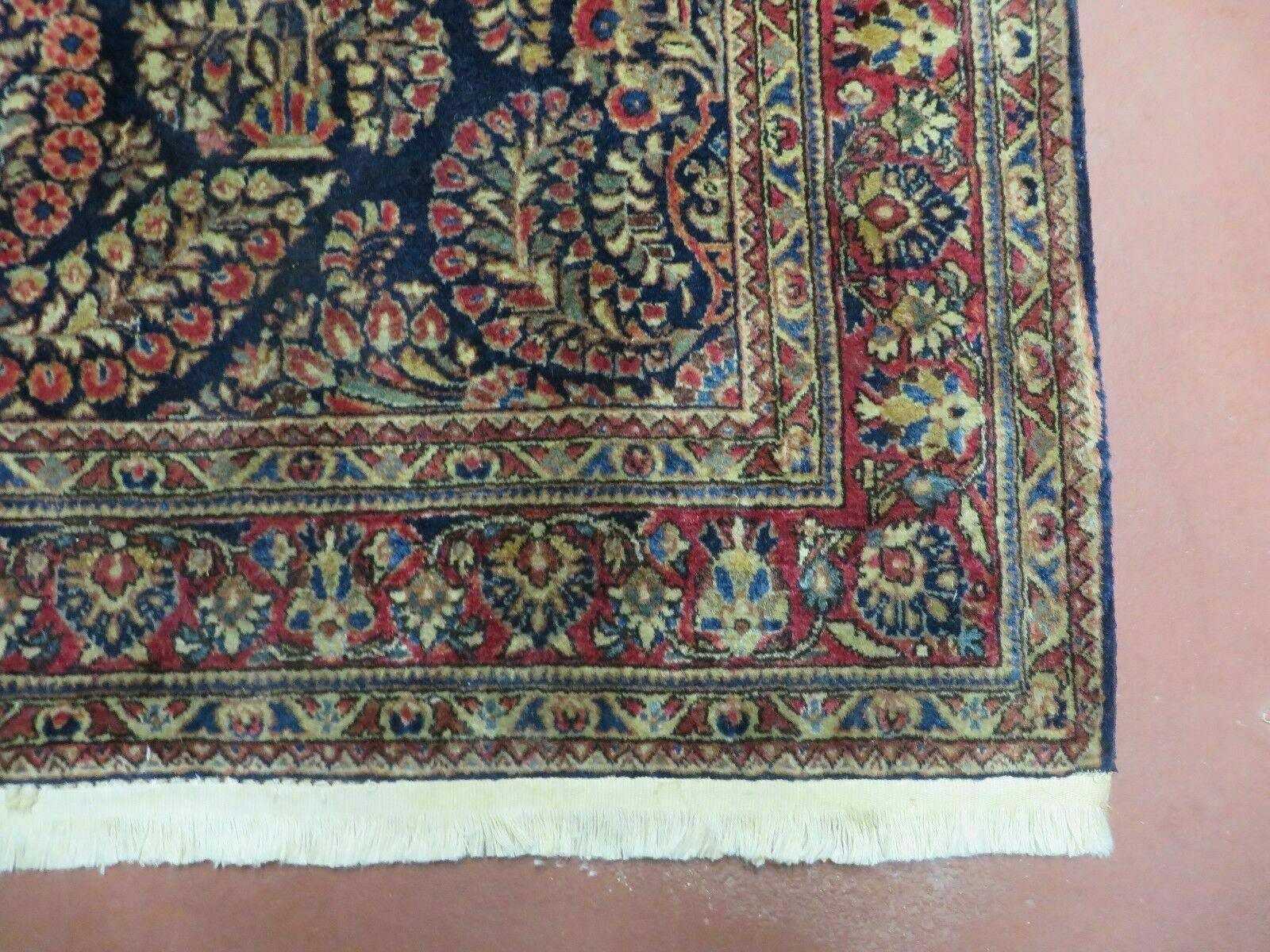 Antique Persian Sarouk Rug 4x6, Hand Knotted 1920s Oriental Carpet 4 x 6 ft, Navy Blue and Red Wool Rug, Handmade Floral Allover Persian Area Rug