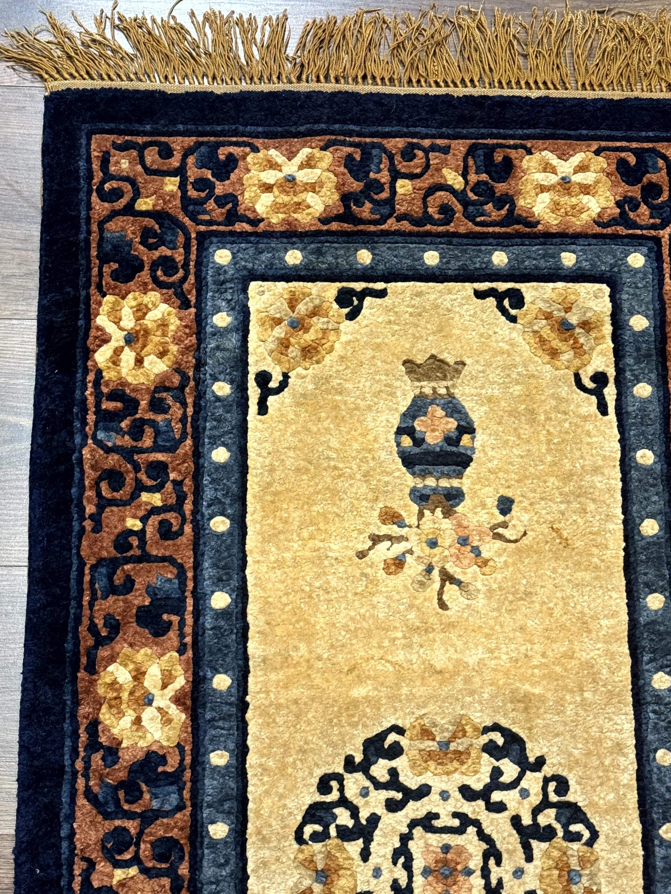 Silk Chinese Rug 2x4, Peking Carpet, Golden-Beige and Blue, Hand Knotted, Simple Design