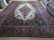 9x12 Persian Sarouk Rug - Semi Open Field Medallion Rug - Ivory Red Blue Hand Knotted Wool Oriental Carpet 9 x 12 Antique Rug - Vegetable Dyes