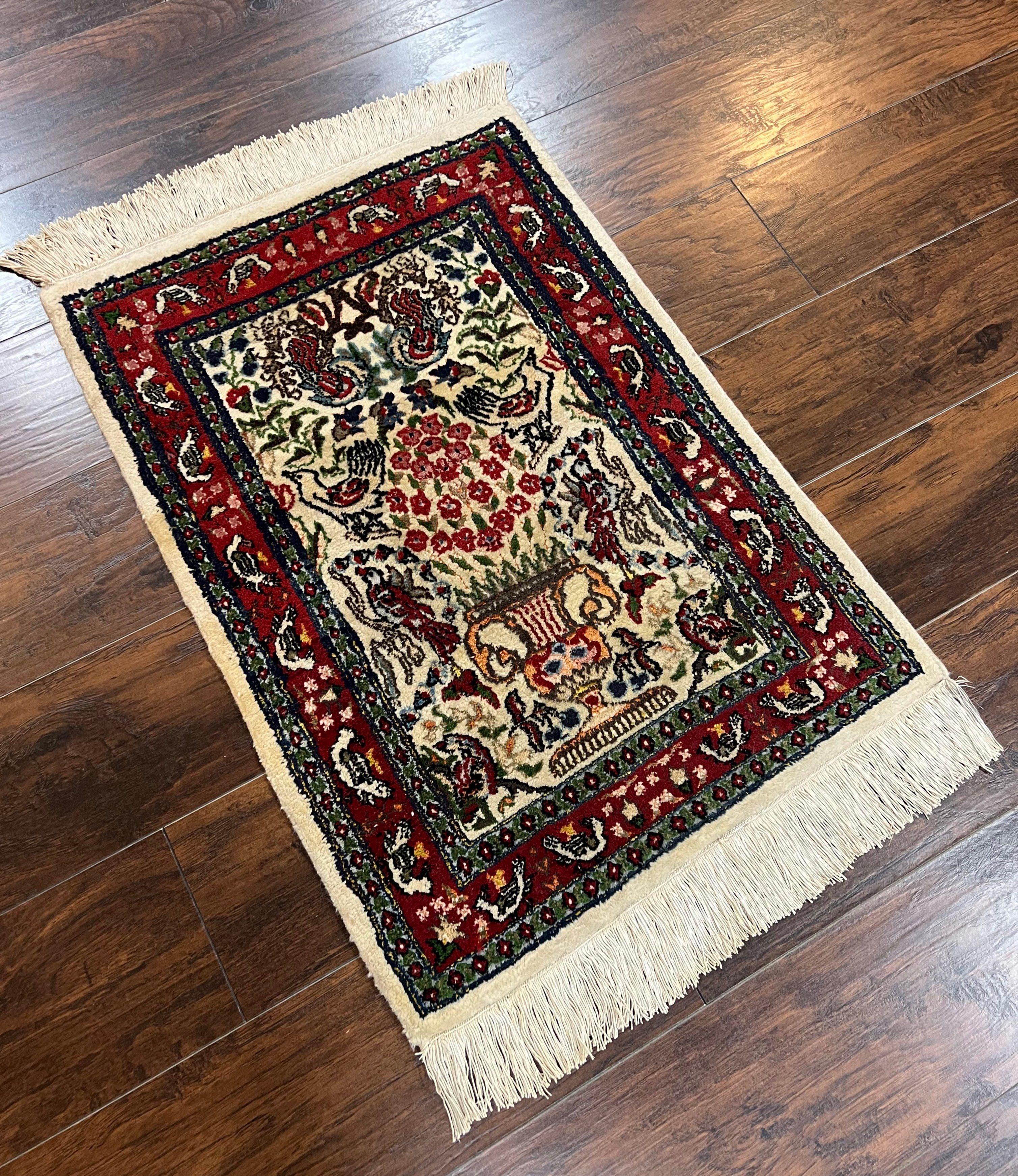 Small Indo Persian Rug 2x3 ft, Wool with Silk Highlights, Animal Pictorial Motifs Birds Vase Flowers, Cream and Maroon, Hand Knotted Fine