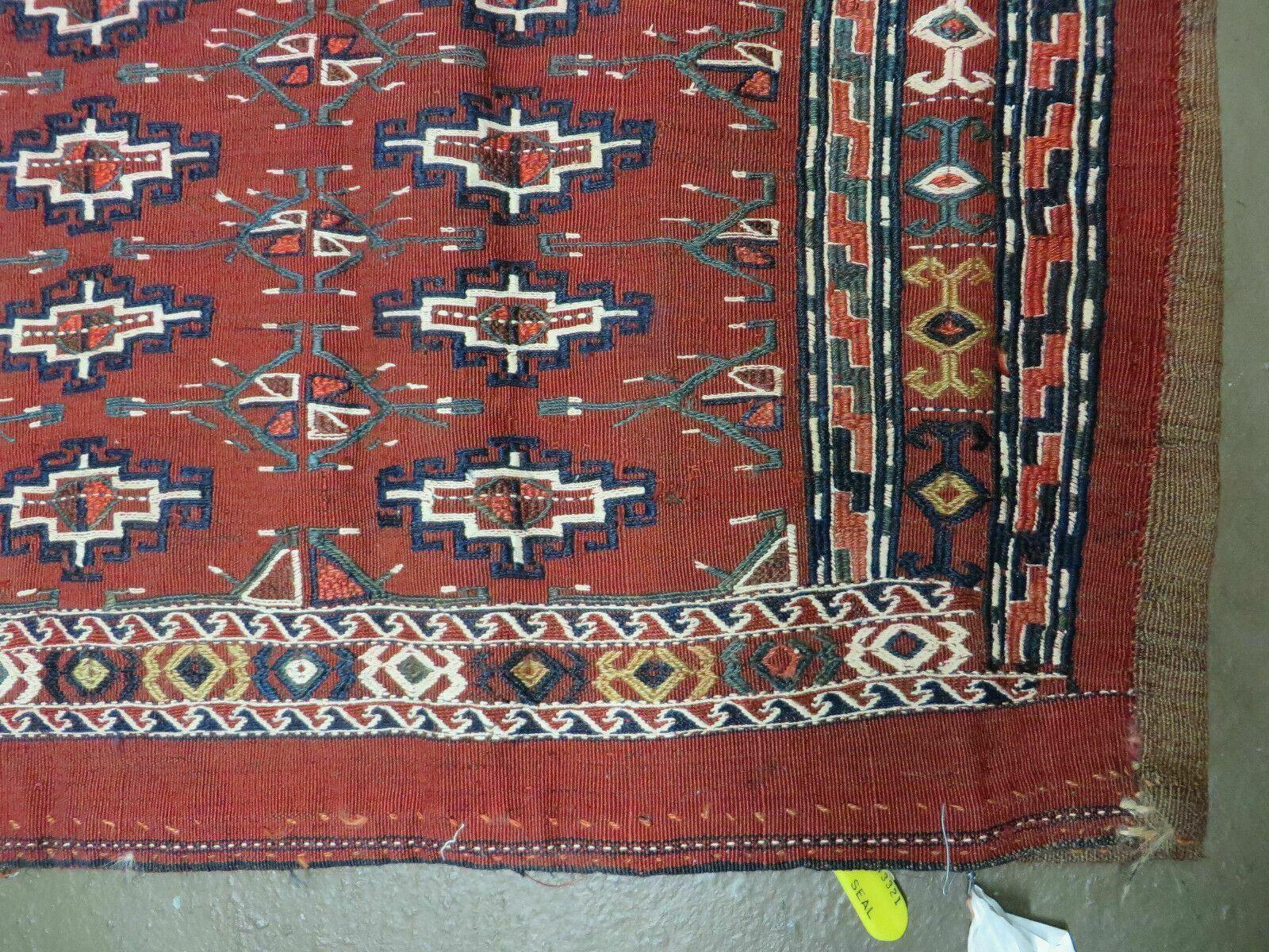 45" X 32" Antique Handmade Bokhara Turkoman Yomud Chuval Wool Rug Soumak NICE