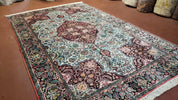 Indian Kashmiri Silk Rug 6x10, Ivory, Floral Medallion
