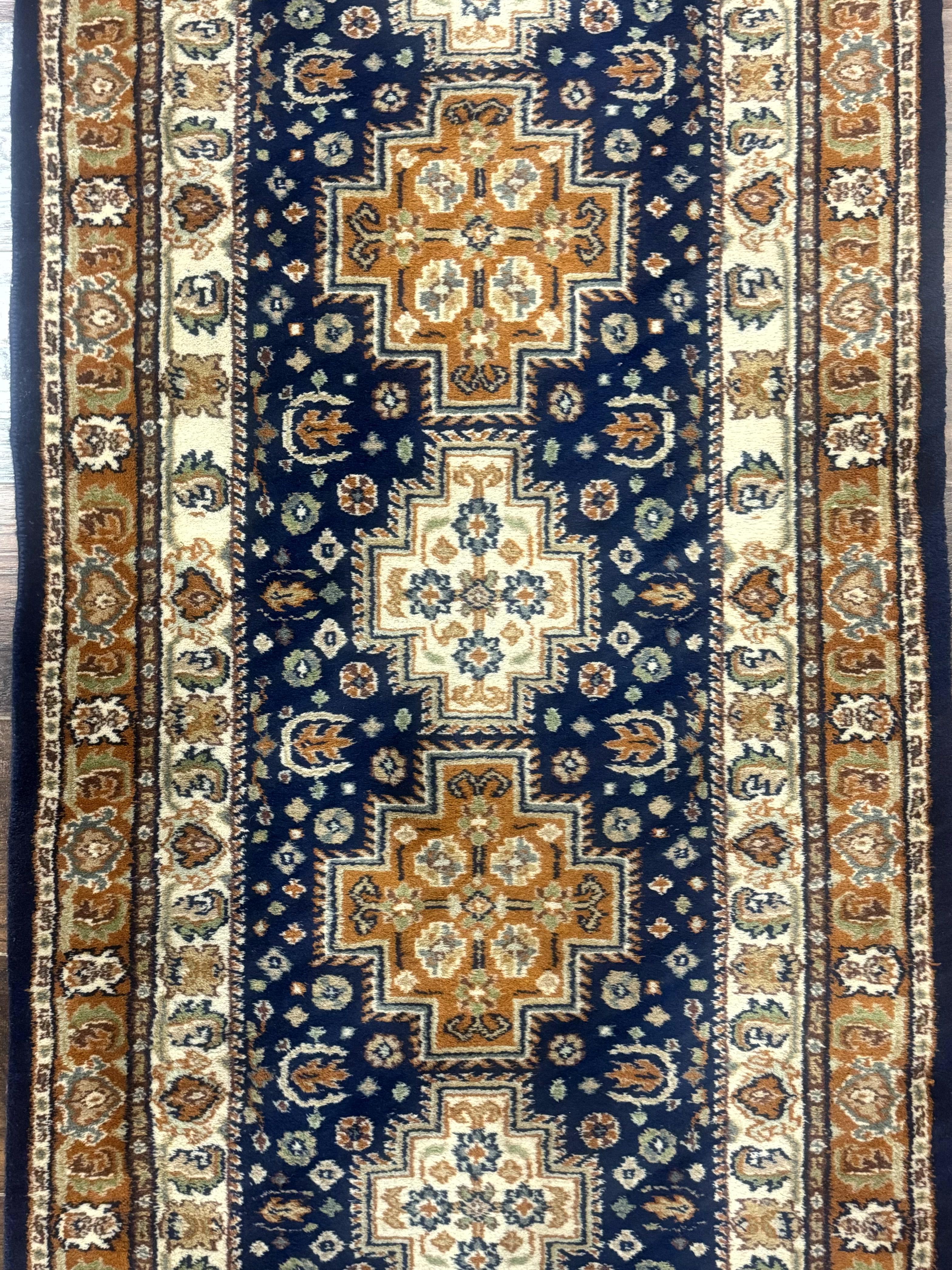 Indo Persian Runner Rug 2.6 x 12.7, Indian Kashmiri Runner for Hallway or Kitchen, Navy Blue, Geometric Medallions, Handmade Wool