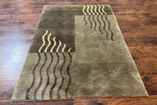 Modern Tibetan Wool Rug 3.6 x 5.6, Shades of Green, Abstract Design