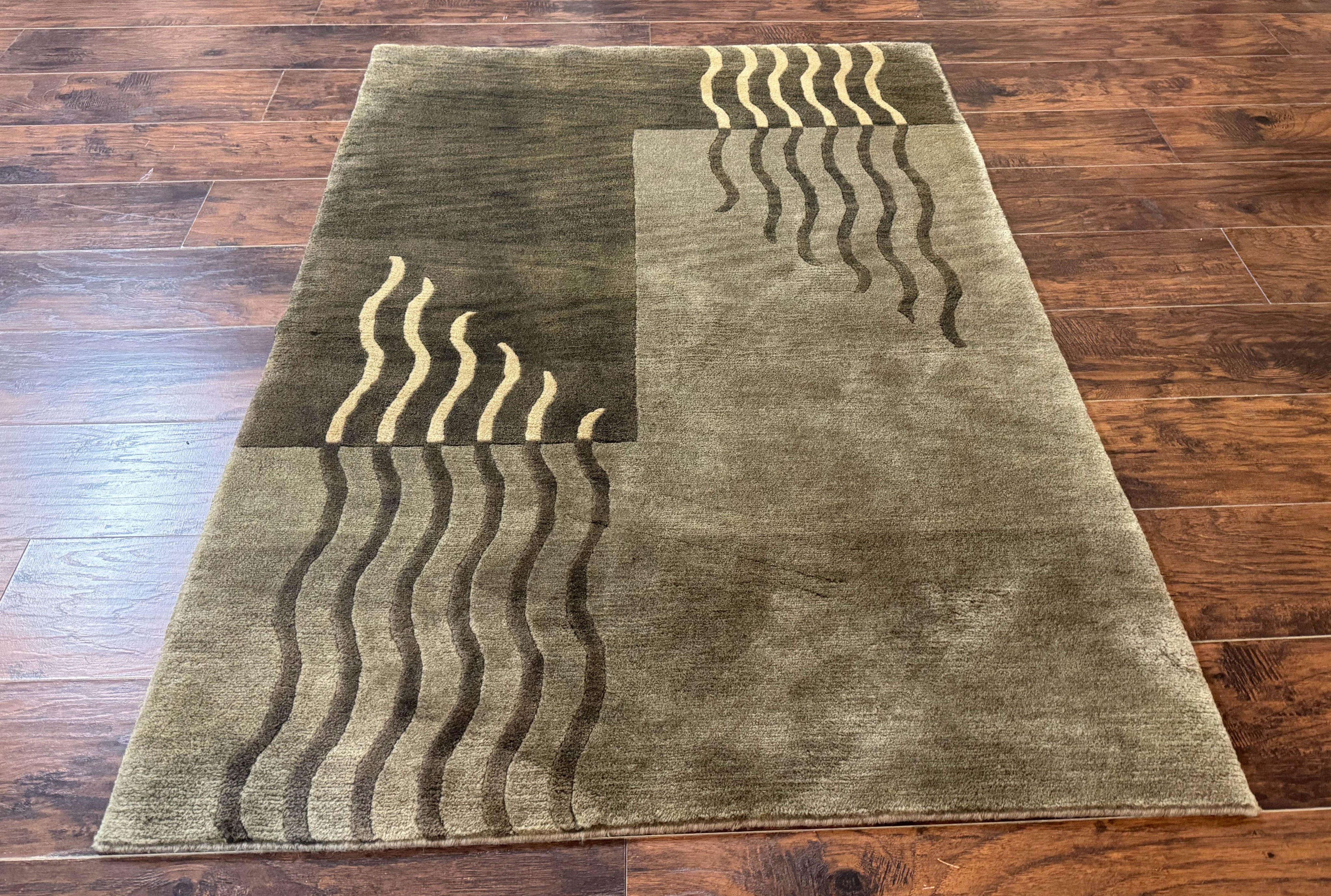 Modern Tibetan Wool Rug 3.6 x 5.6, Shades of Green, Abstract Design