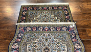 Persian Qum Rug 3x5, Wool with Silk Highlights, Handmade Semi Antique Carpet, Ivory & Navy Blue, Floral Medallion, Finely Hand Knotted