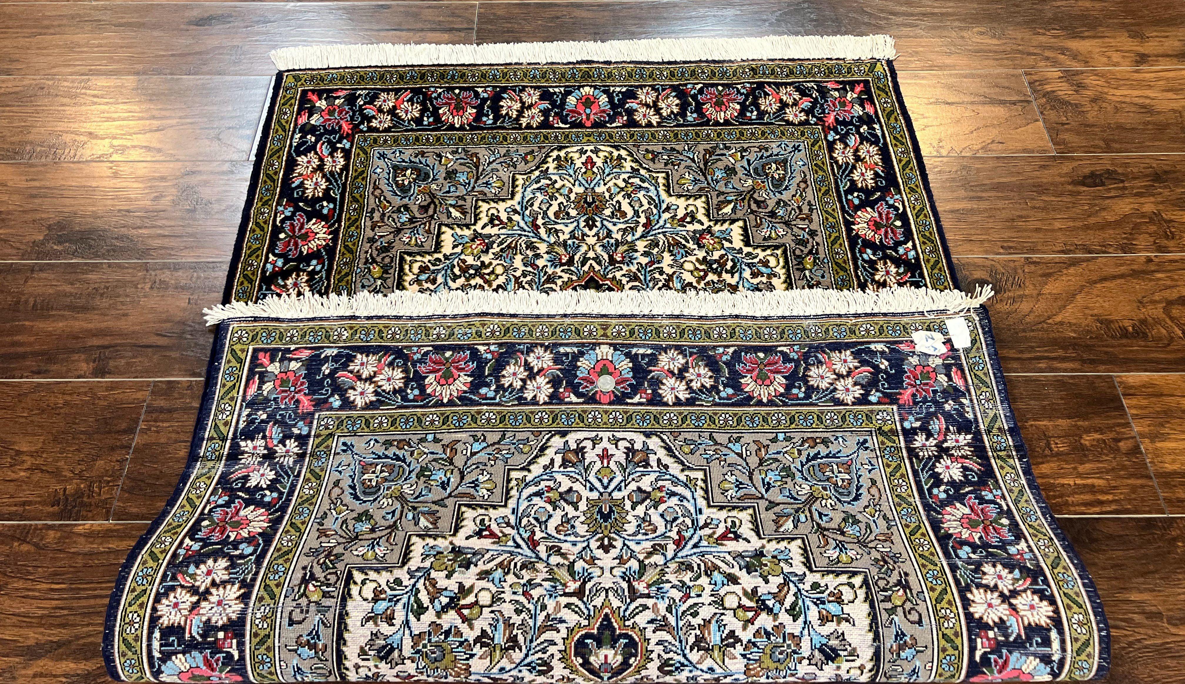 Persian Qum Rug 3x5, Wool with Silk Highlights, Handmade Semi Antique Carpet, Ivory & Navy Blue, Floral Medallion, Finely Hand Knotted