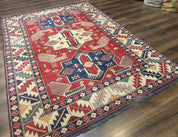 Turkish Kazak Rug 6x8, Caucasian Design, Geometric Medallions, Red Blue Beige