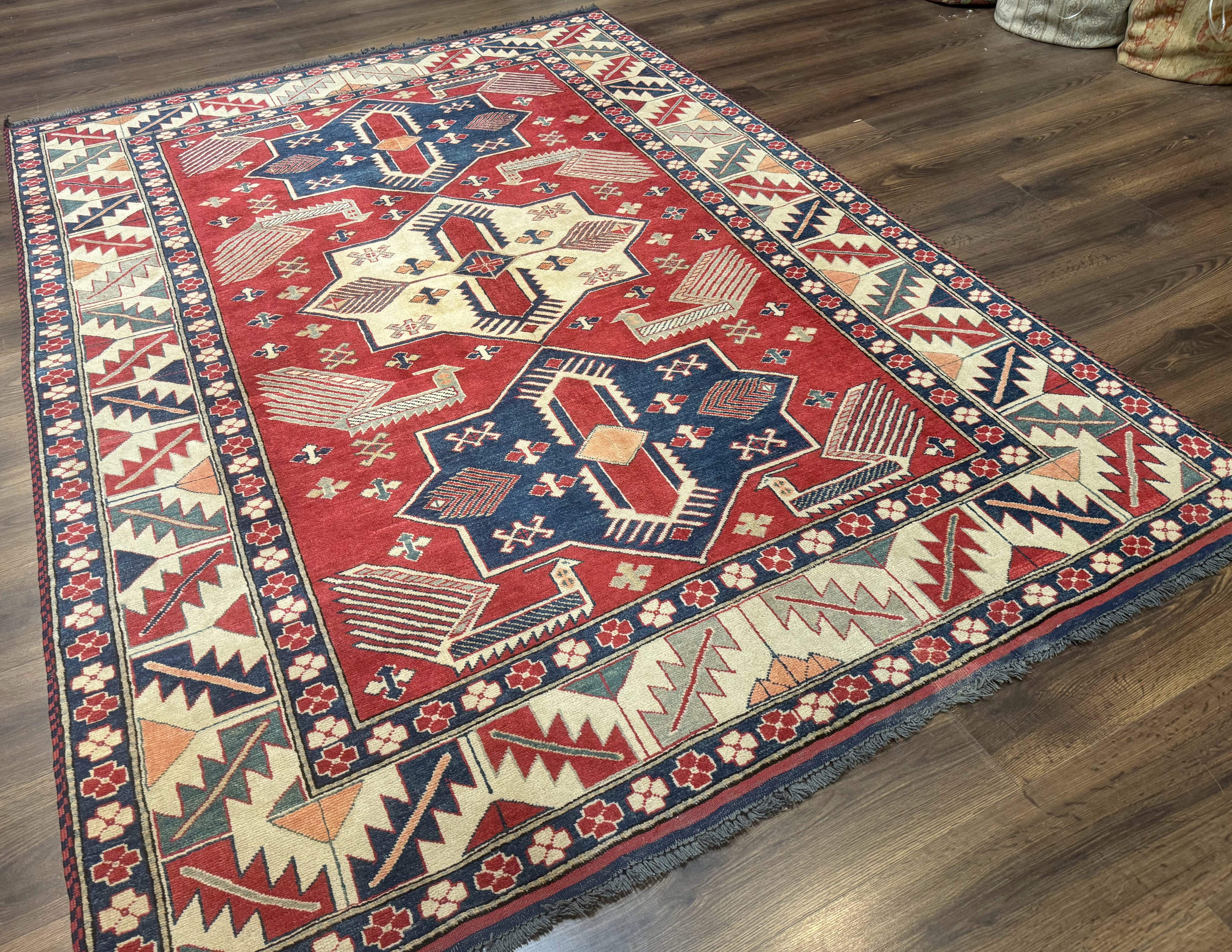 Turkish Kazak Rug 6x8, Caucasian Design, Geometric Medallions, Red Blue Beige