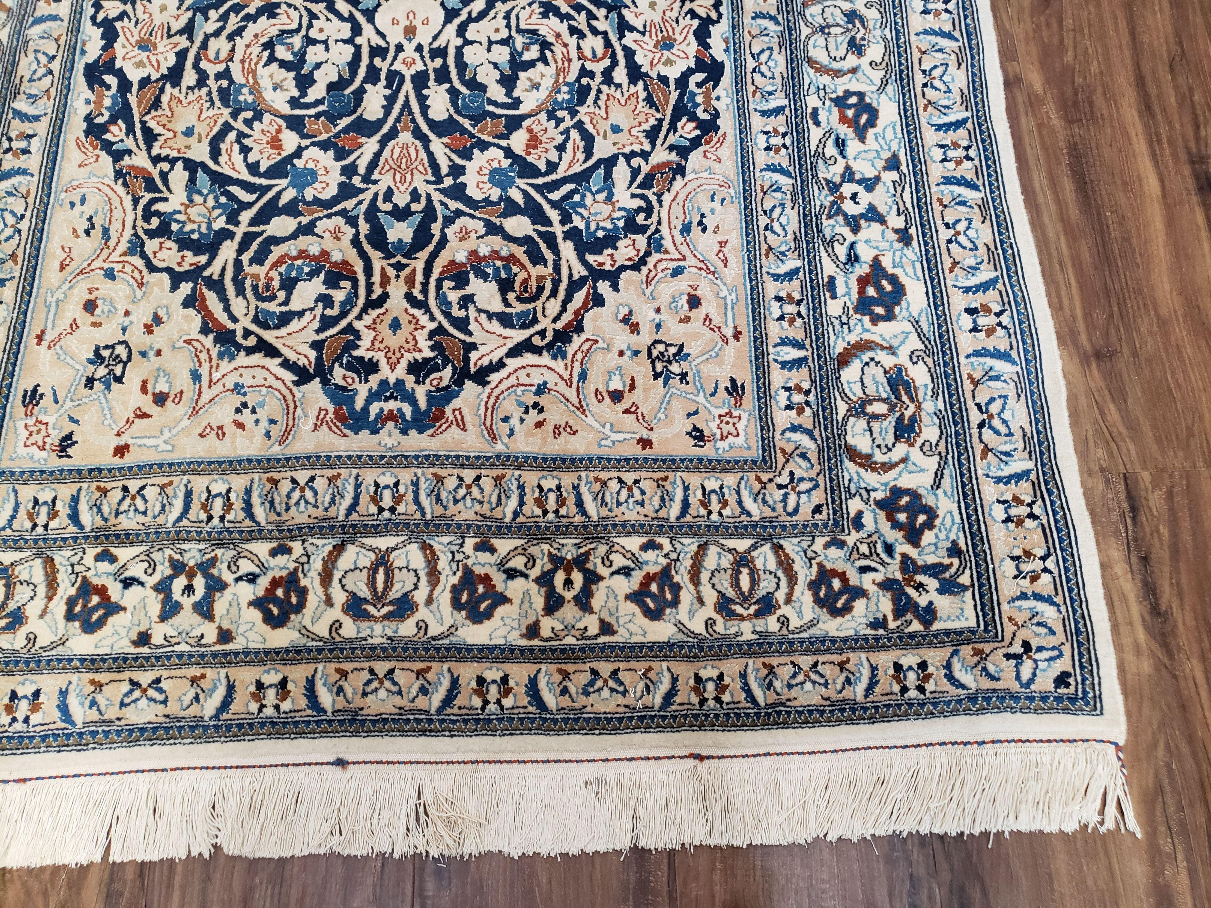 Semi Antique Fine Persian Nain Rug, Ivory & Blue, Wool with Silk Accents, 3'9" x 6'2"