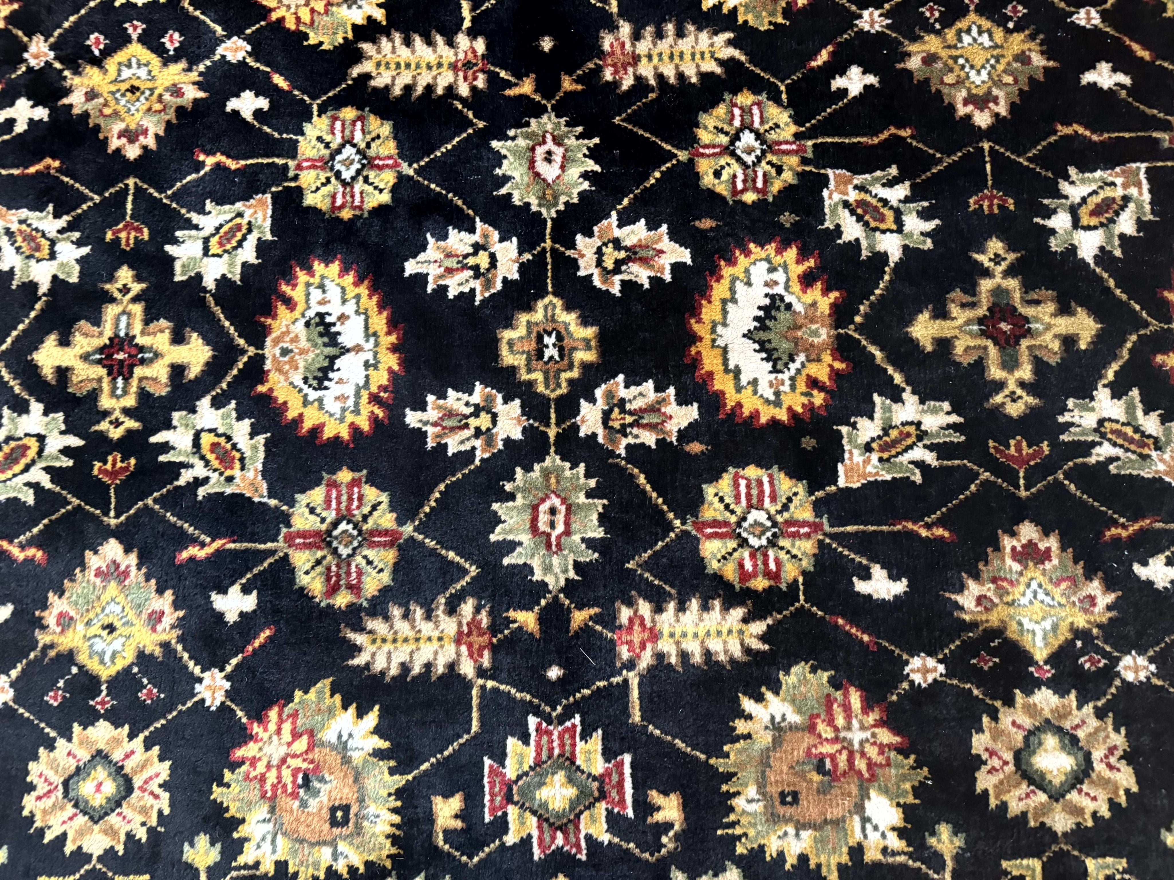 Indo Persian Mahal Rug 8x10, Black and Gold, Wool Hand Knotted Oriental Carpet