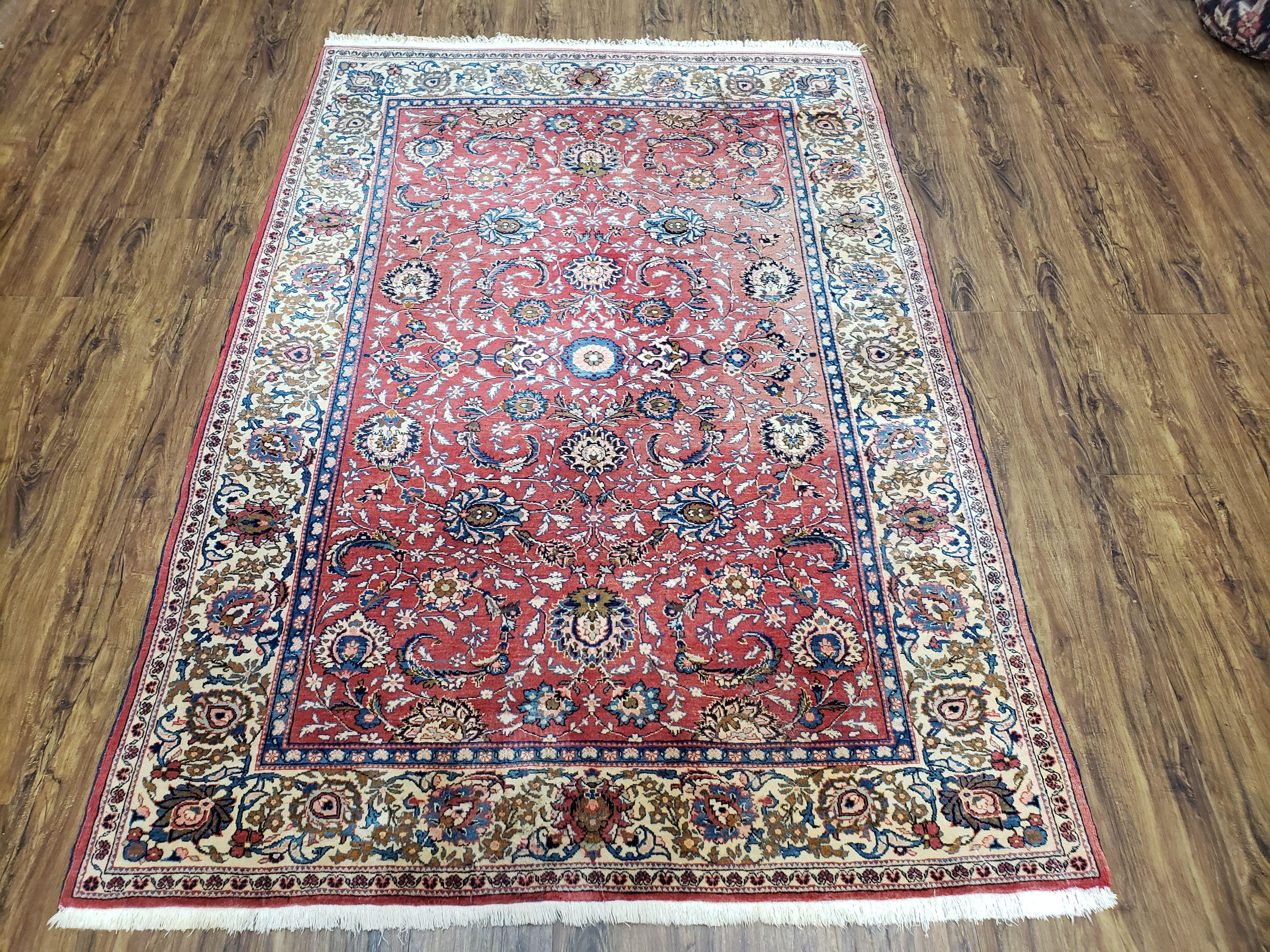 Semi Antique Persian Kashan Rug, Red & Beige, Hand-Knotted, Wool, 4'7" x 6' 6", Pair B