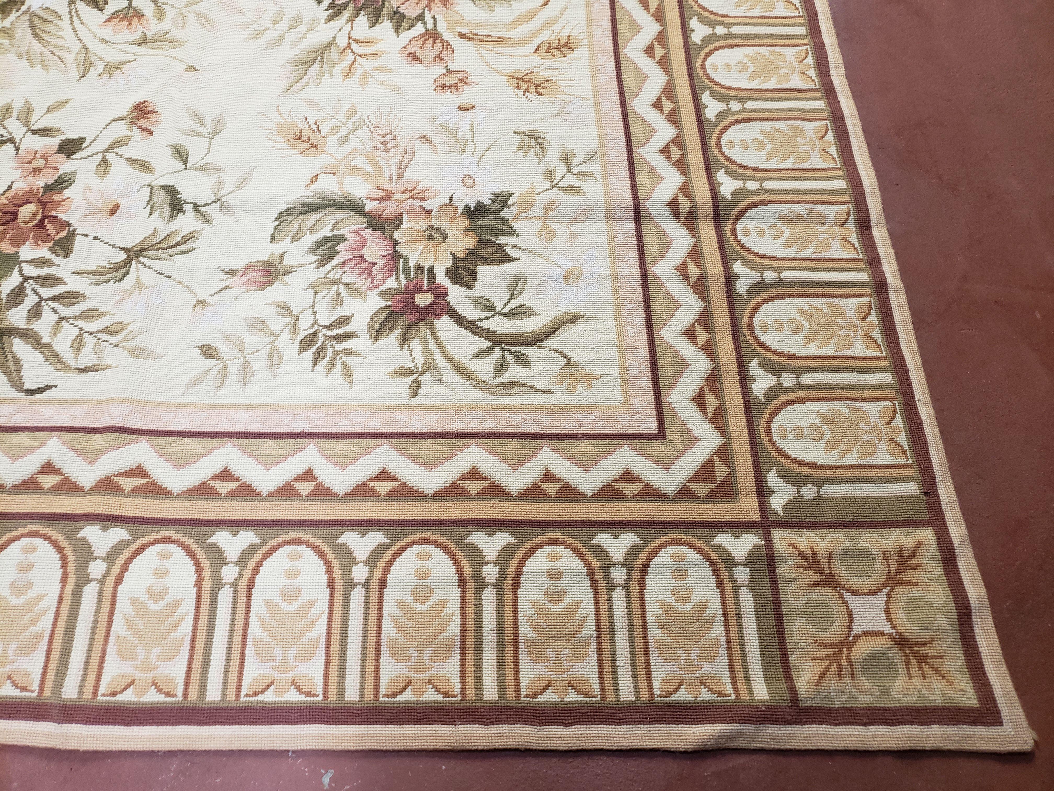 Needlepoint Rug 8x10 Aubusson Rug Victorian Floral Rug Handmade French Style French Decor Garden Panel Beige 8 x 10 Area Rug 100% Wool