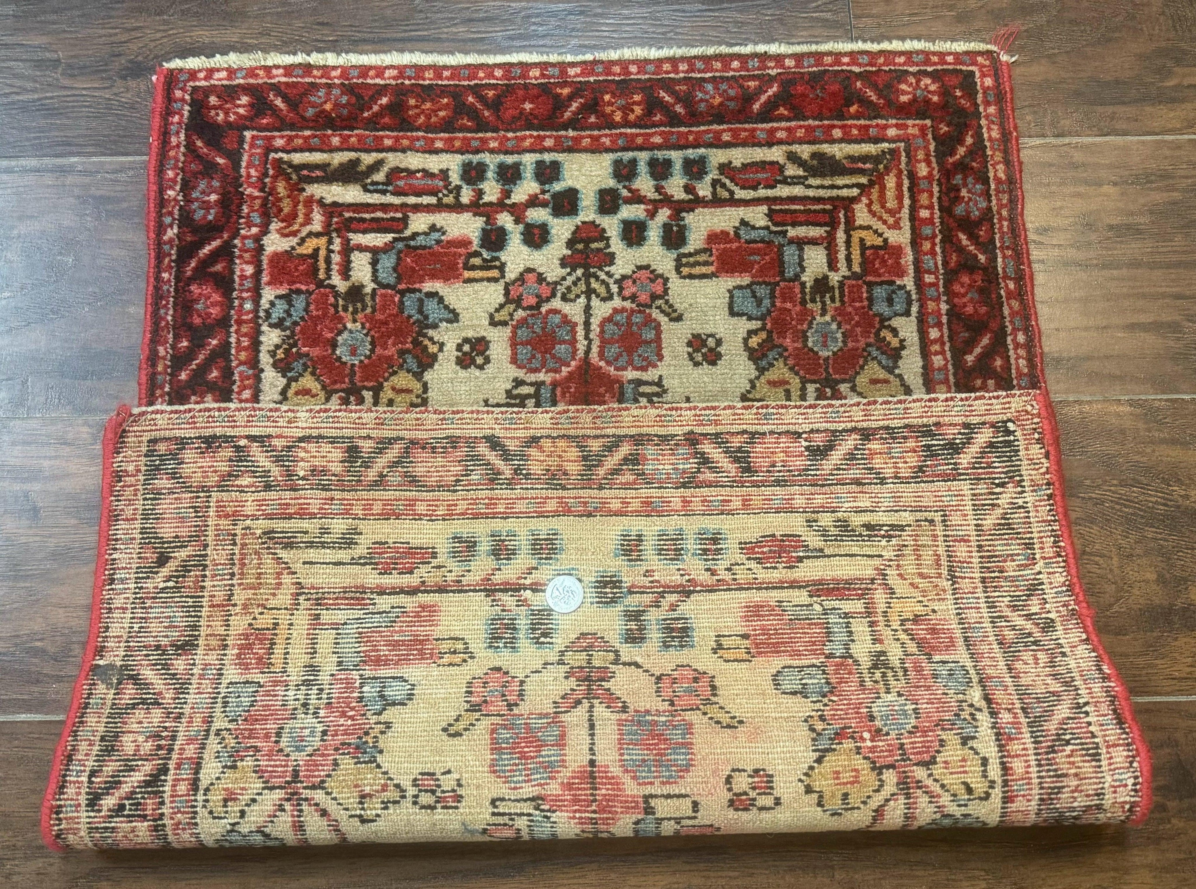 Small Antique Persian Rug 2x3, Beige and Red, Floral, Wool, Hamadan Rug