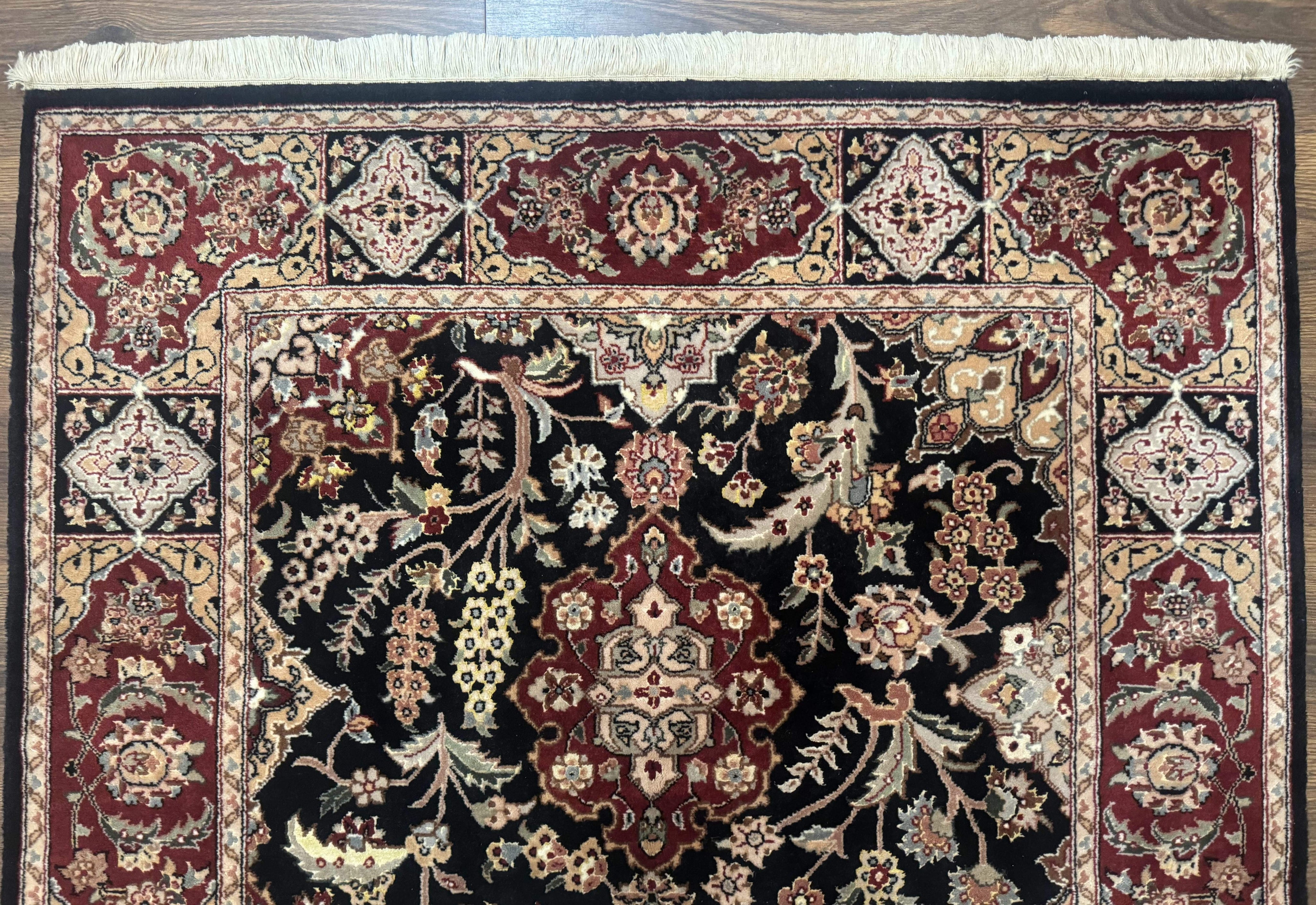 Pak Persian Rug 4x6, Black and Burgundy, Floral Allover, Wool and Silk