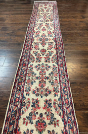 Persian Sarouk Runner Rug 2.4 x 21, Handmade Wool Floral Runner Rug for Hallway, 21ft Runner, Ivory