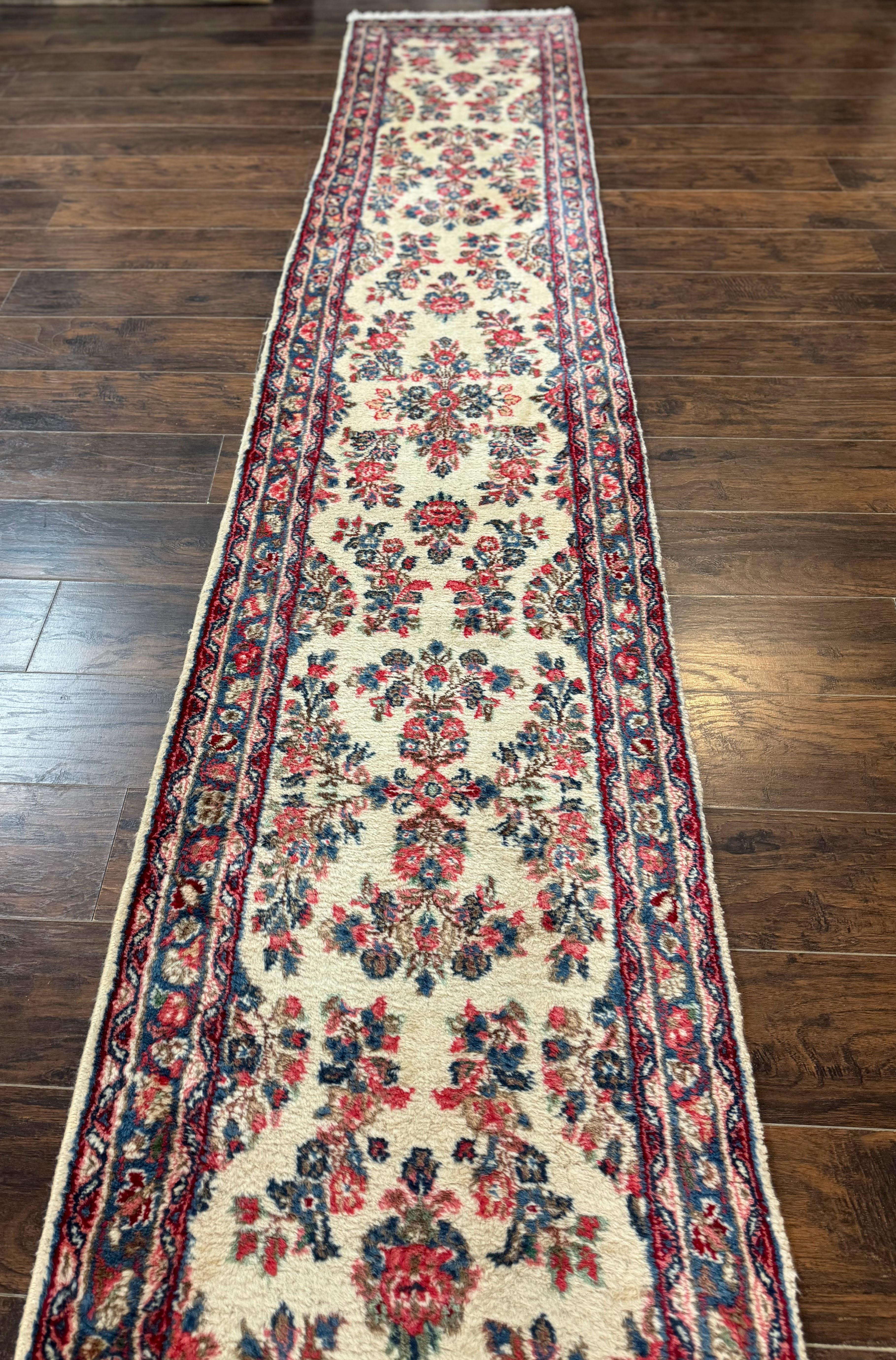 Persian Sarouk Runner Rug 2.4 x 21, Handmade Wool Floral Runner Rug for Hallway, 21ft Runner, Ivory