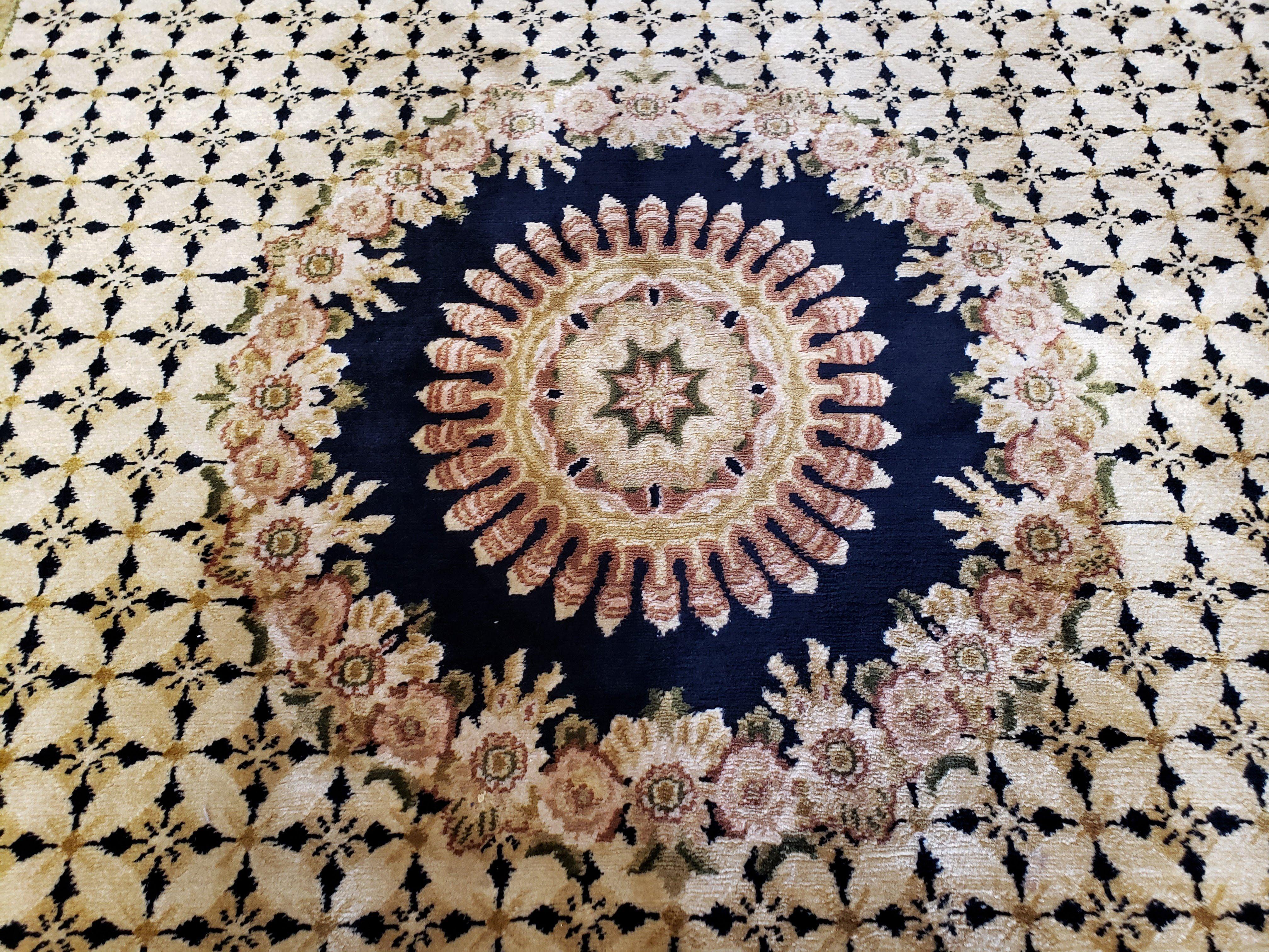 Indian Rug with Tibetan Weave, 6x8 - 6x9 Rugs, Indo-Tibetan Rug, Black and Cream Beige Tan, Floral Border, Soft Rug, Handmade Area Rug, Wool