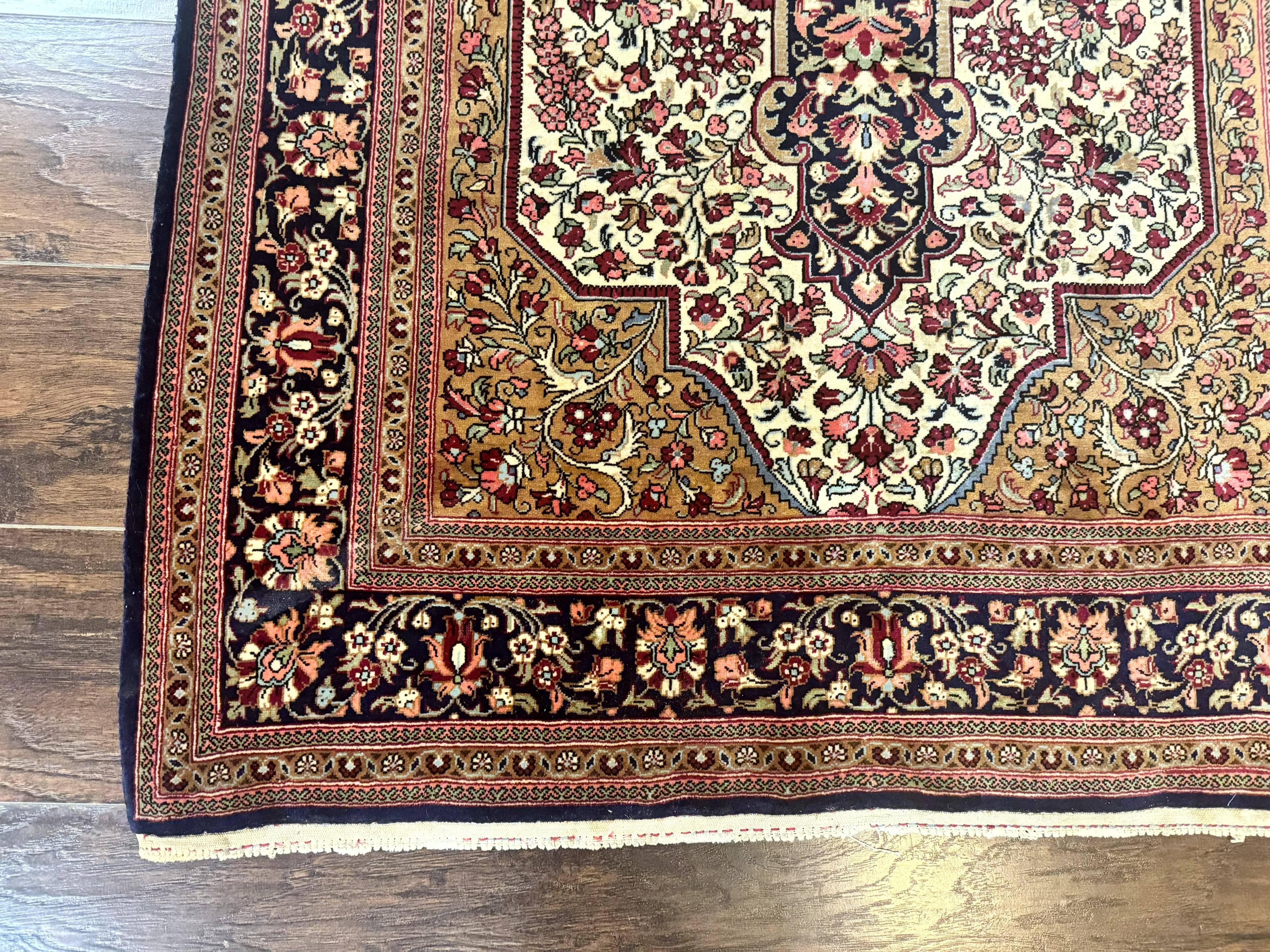 Persian Qum Rug 3.6 x 5, Kork Wool, Very Finely Hand Knotted 325 KPSI, Rare, Semi Antique