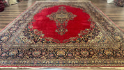 Persian Kashan Rug 9x12, Traditional, Semi Open Field, Red, Signed By Master Weaver, Antique Rug