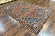 Antique Persian Shiraz Tribal Rug 6x8, Geometric Rug, Wool Handmade Hand Knotted Carpet, Red Blue