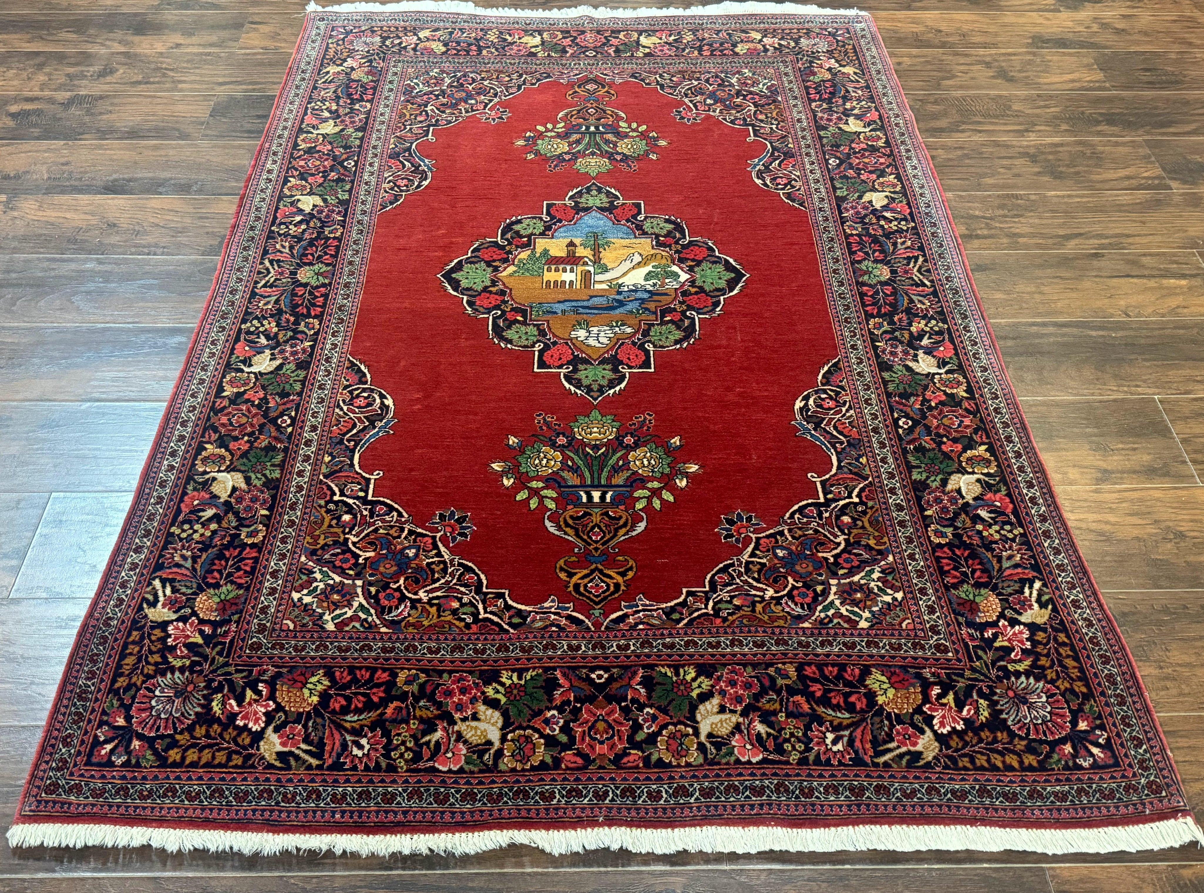 Red Persian Kashan Rug 4x6, Very Fine 260 KPSI, Red and Navy Blue Persian Carpet, Semi Open Field