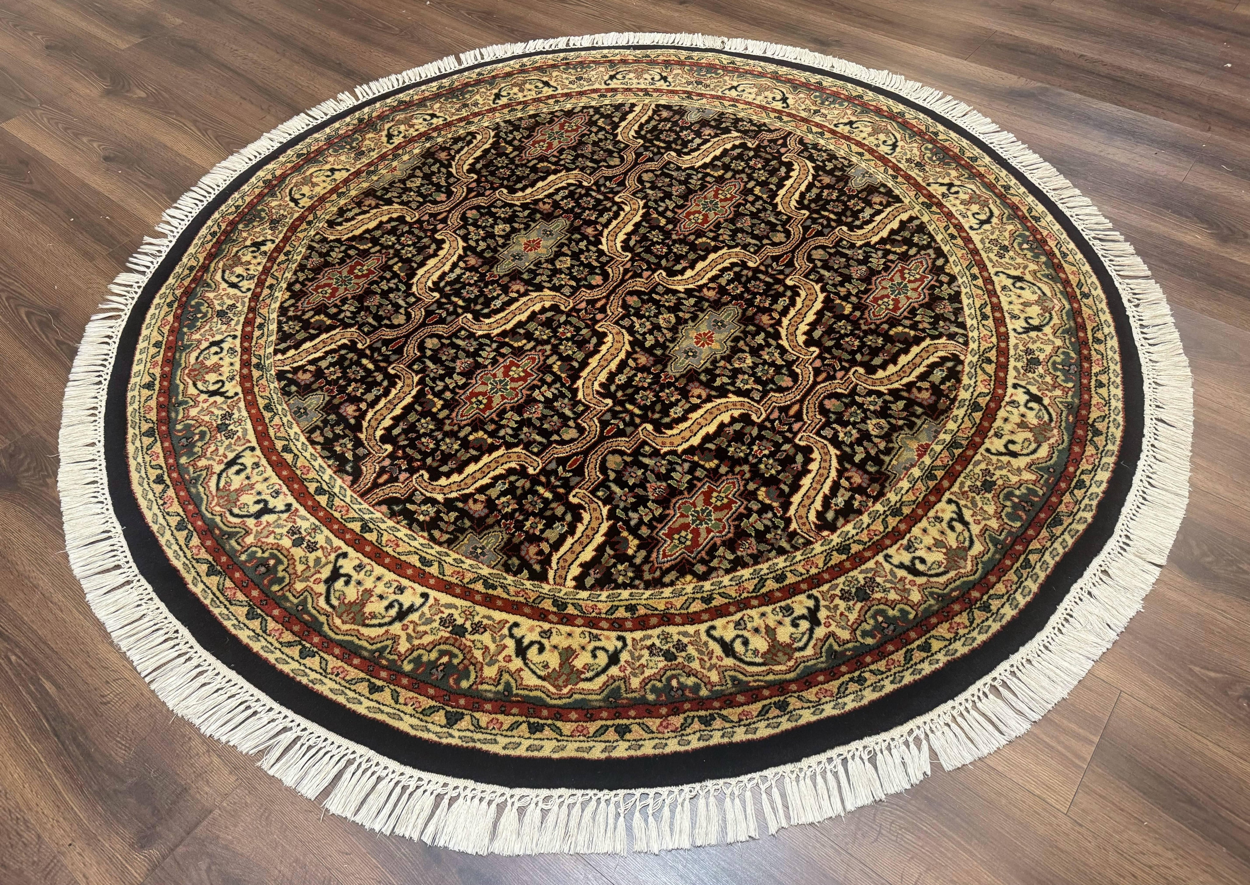 Round Indo Persian Rug 6x6, Indian Bidjar Rug, Navy Blue and Beige