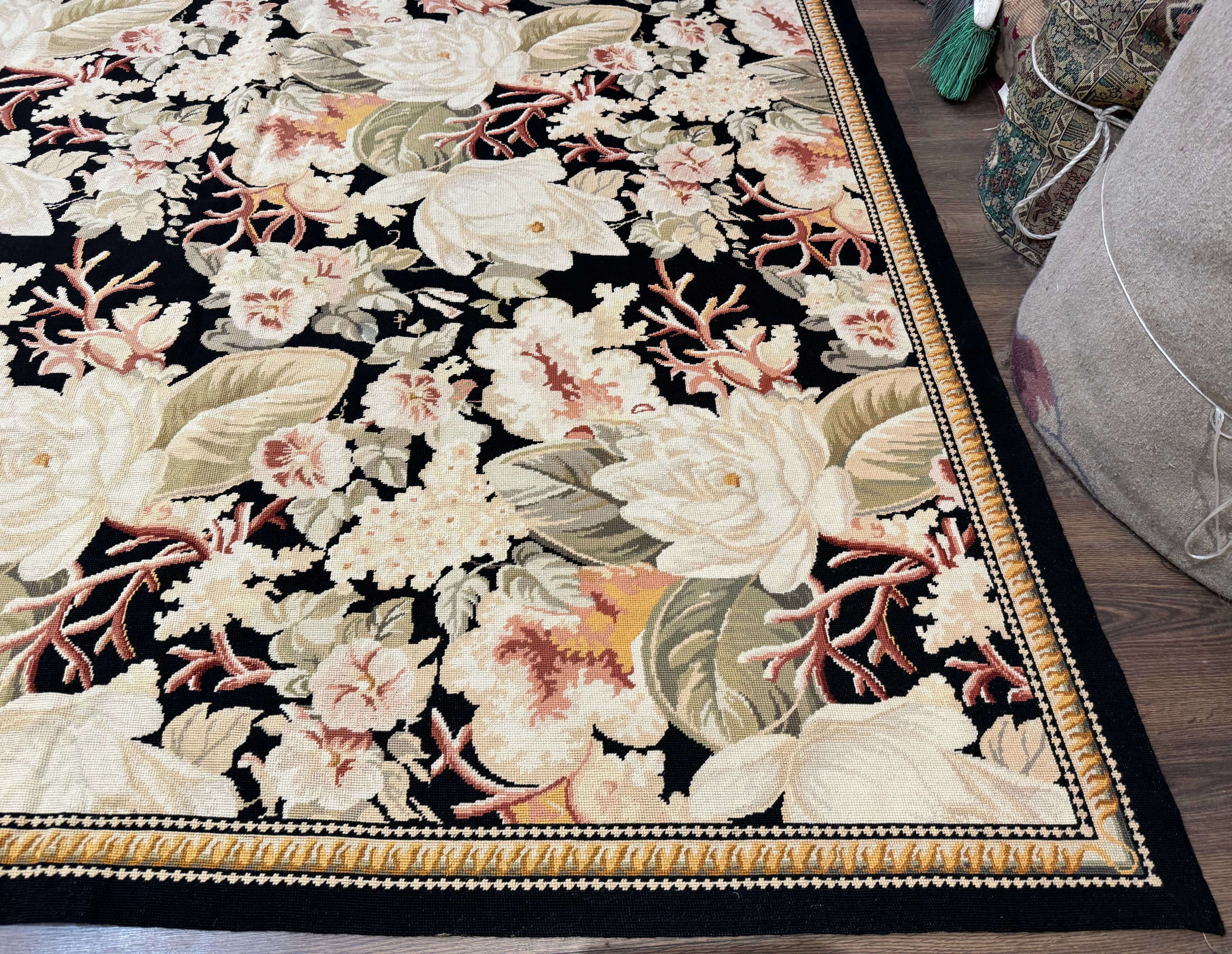 Palace Size Needlepoint Rug 13x17, Extra Large Wool Floral Handmade Carpet, European Design, Botanical