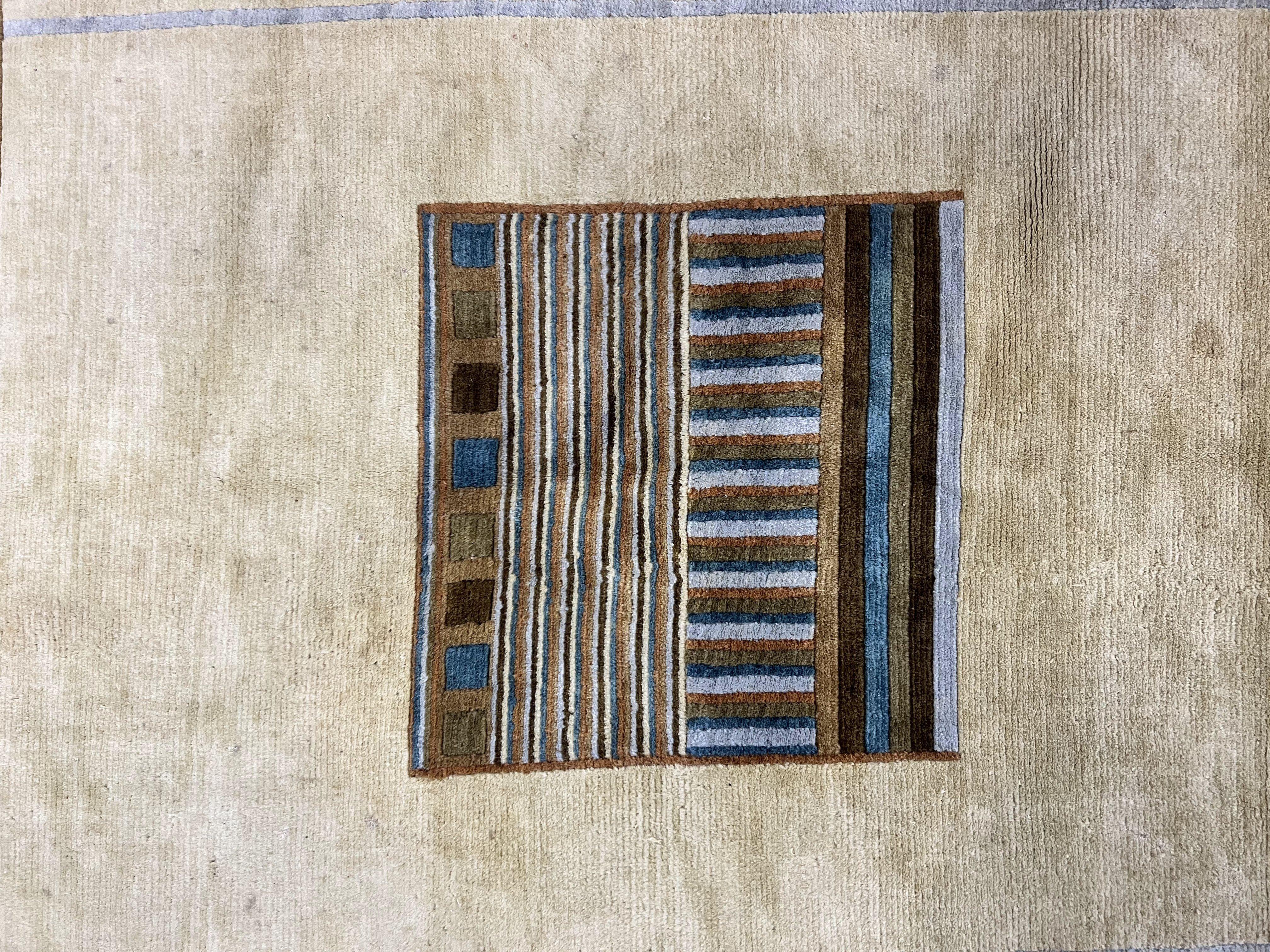 Tibetan Rug 5x8, Contemporary Rug 5 x 8 ft, Cream Brown Blue Hand-Knotted Wool w/ Silk Highlights Tibetan Carpet, Modern Rug